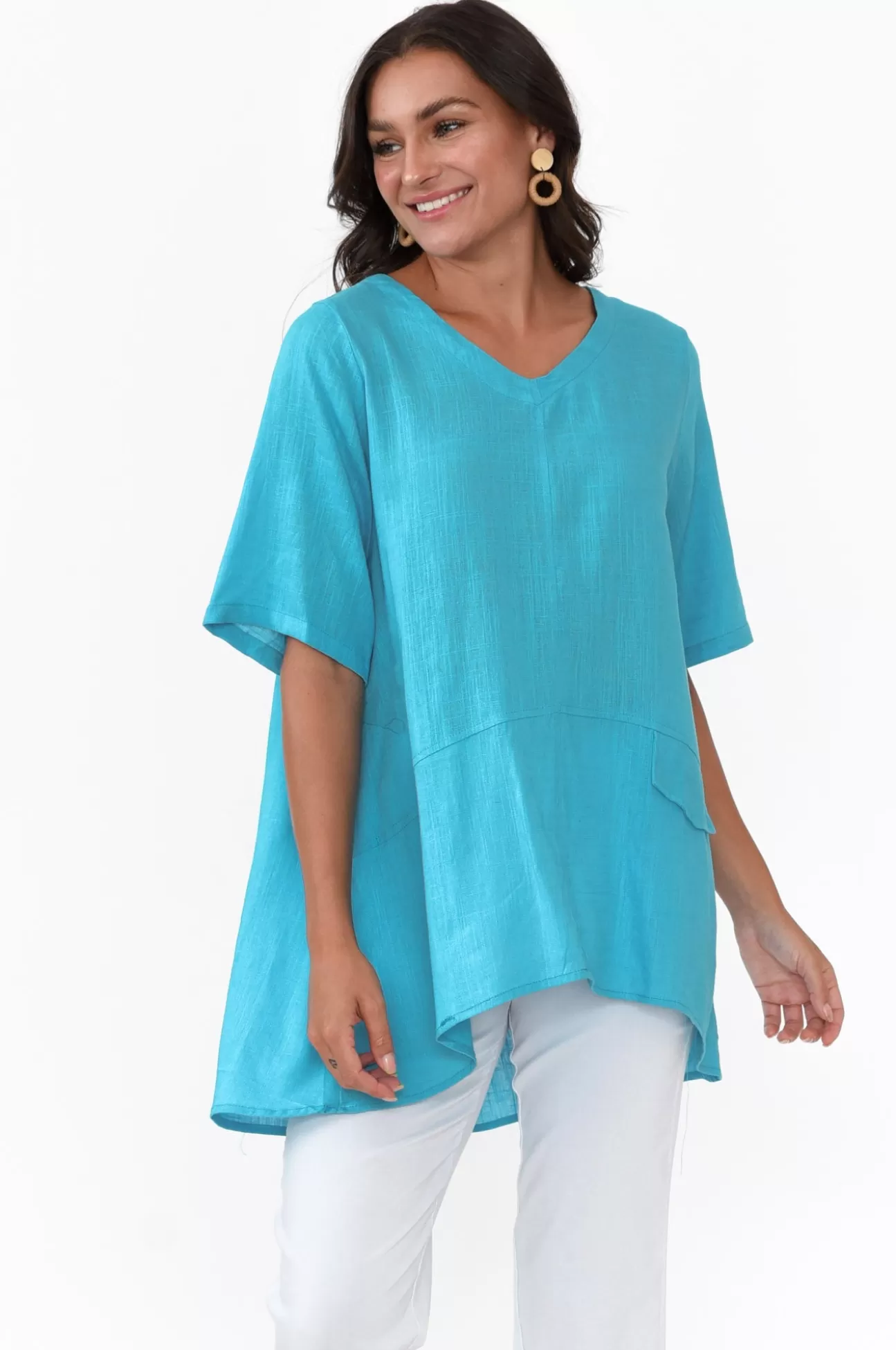 Ruby Rain Neptune Aqua Linen Cotton Top New