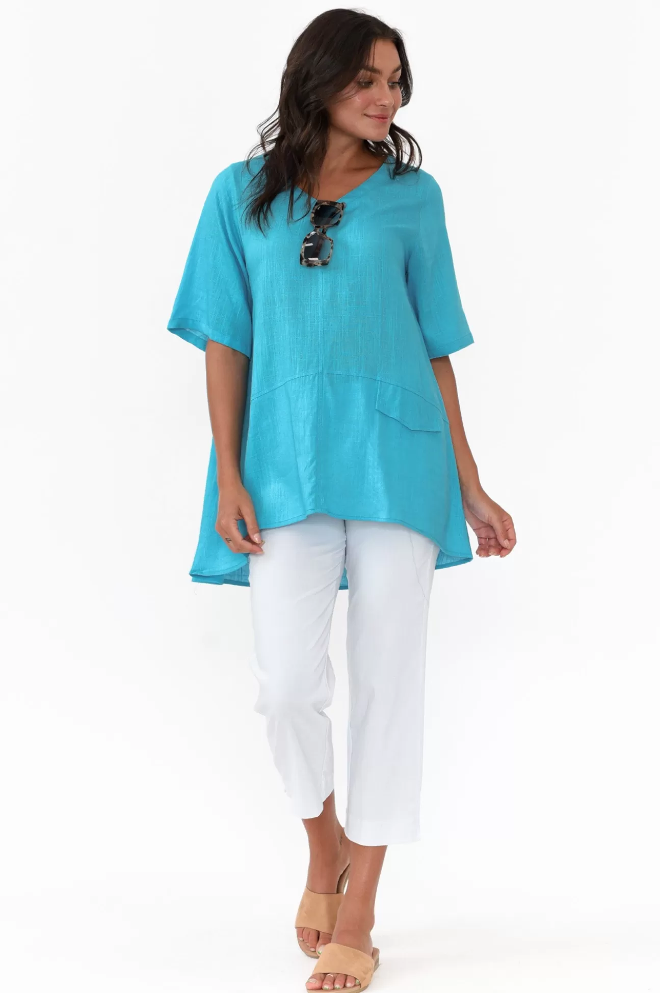 Ruby Rain Neptune Aqua Linen Cotton Top New