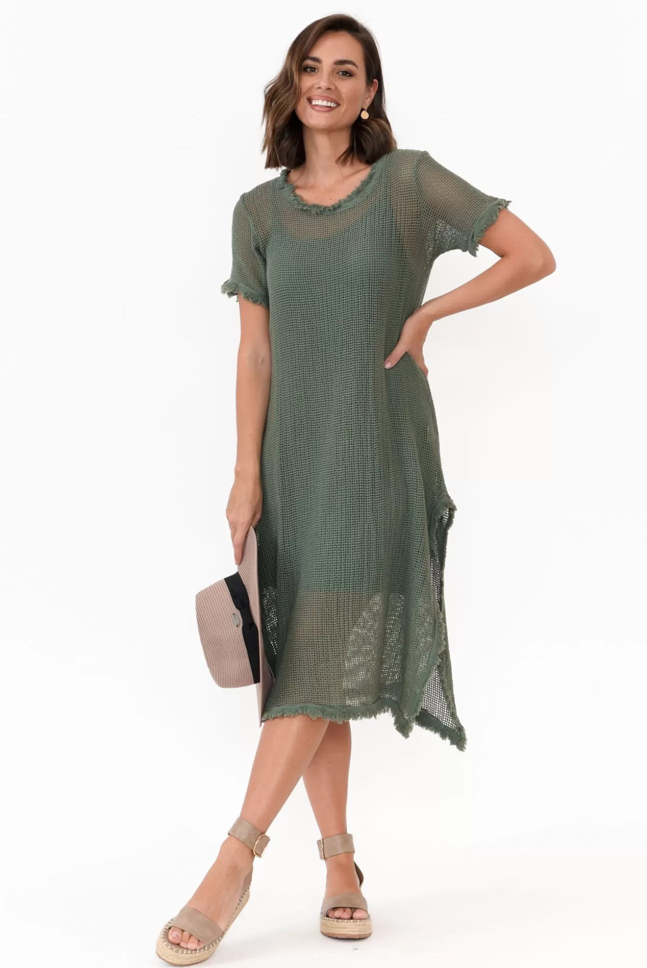 Donna Donna Nessy Khaki Cotton Woven Frayed Dress Flash Sale