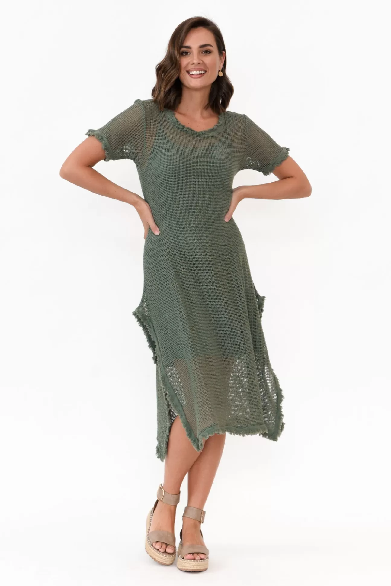 Donna Donna Nessy Khaki Cotton Woven Frayed Dress Flash Sale