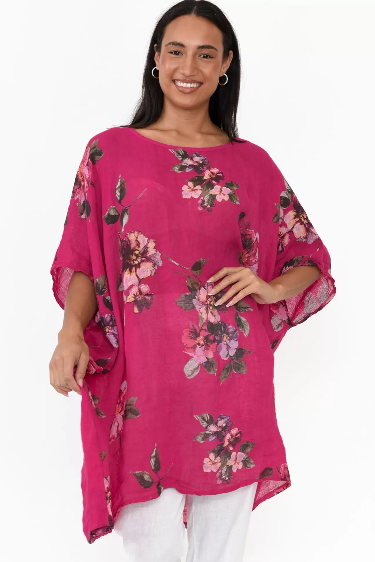 Donna Donna Noemi Hot Pink Floral Linen Kaftan Tunic Outlet