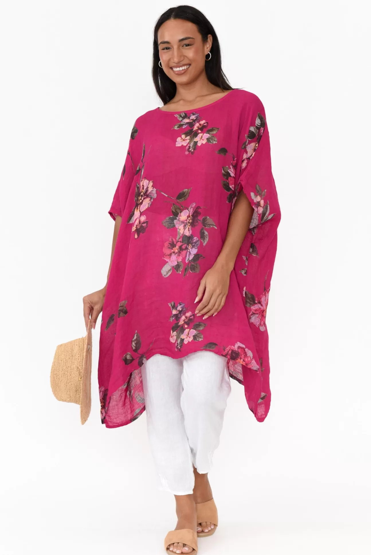 Donna Donna Noemi Hot Pink Floral Linen Kaftan Tunic Outlet