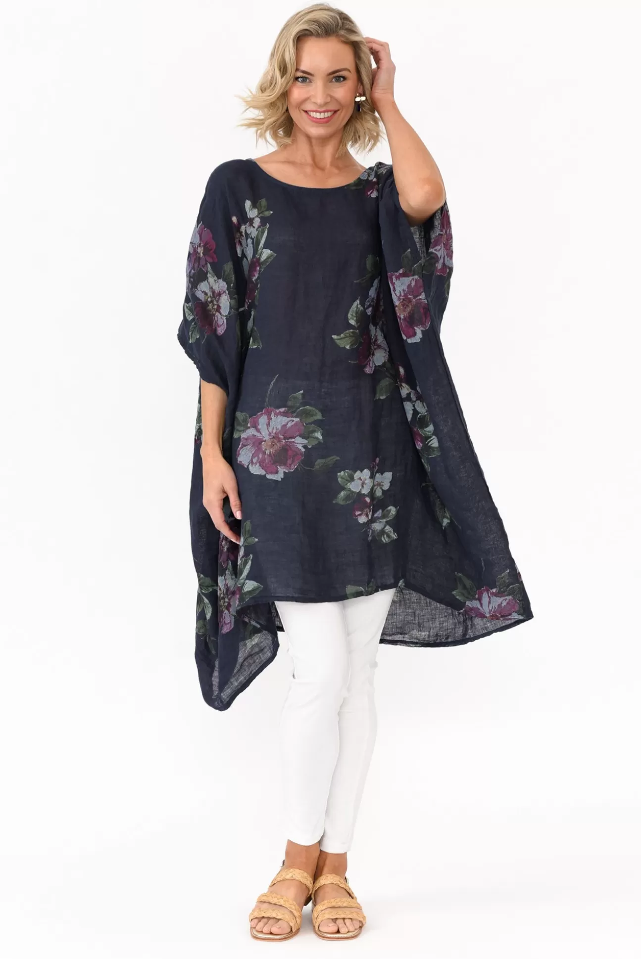 Donna Donna Noemi Navy Floral Linen Kaftan Tunic Outlet