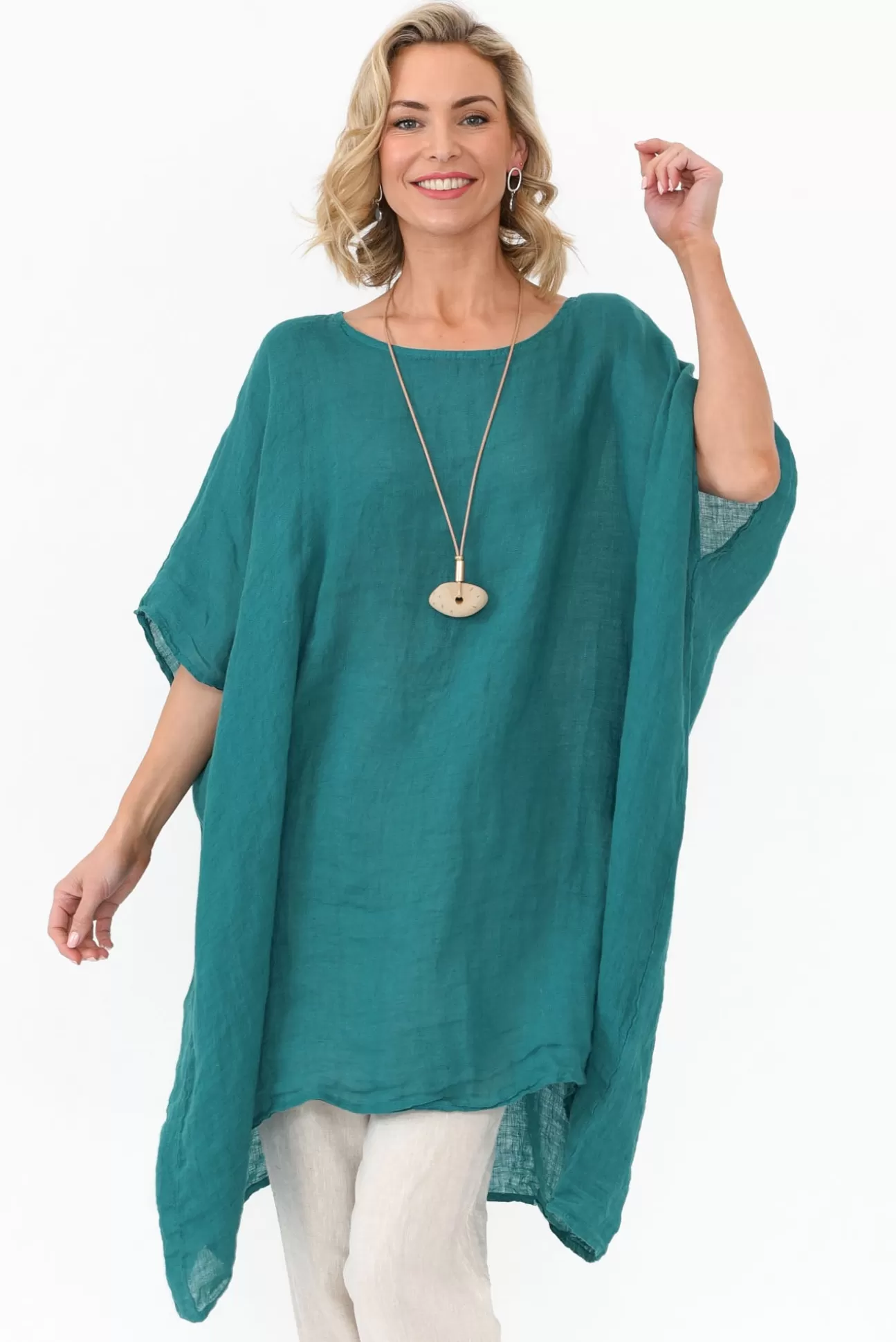 Donna Donna Noemi Teal Linen Kaftan Tunic Hot