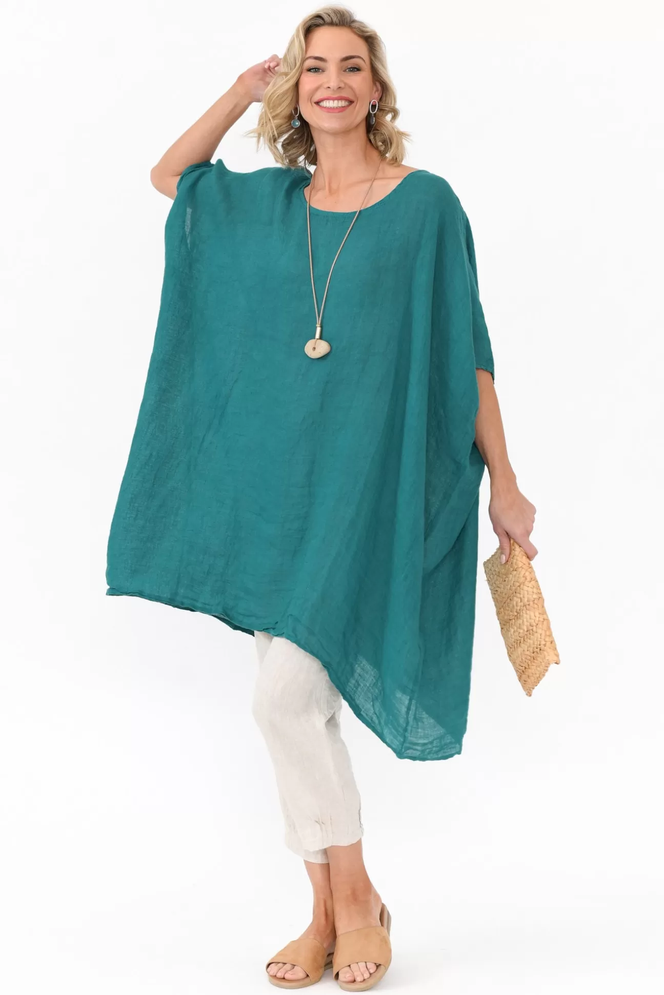 Donna Donna Noemi Teal Linen Kaftan Tunic Hot