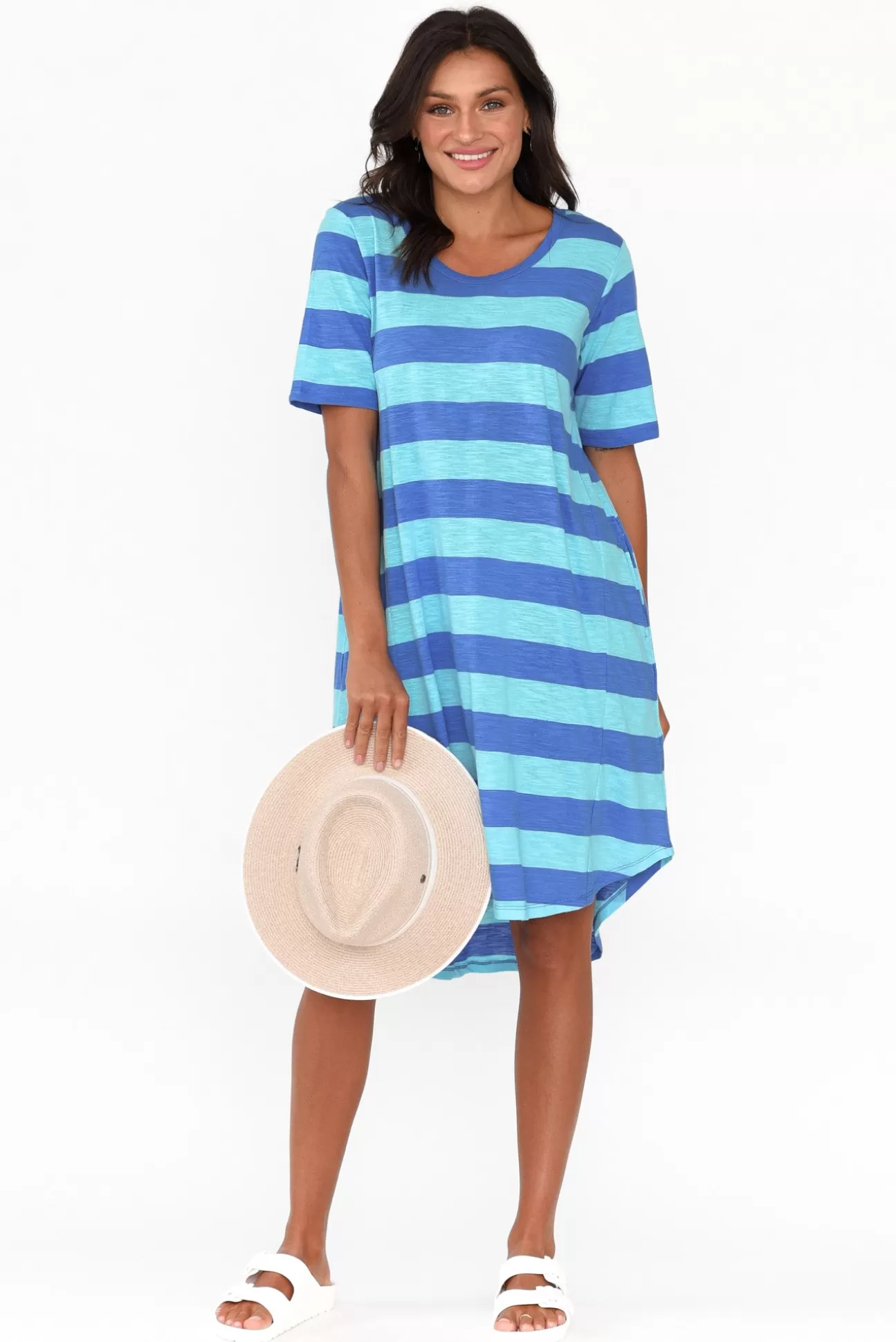 Betty Basics Nyree Aqua Stripe Hi Lo Cotton Dress Flash Sale