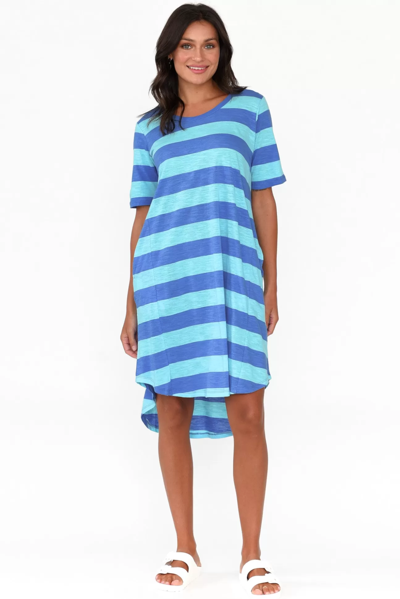 Betty Basics Nyree Aqua Stripe Hi Lo Cotton Dress Flash Sale