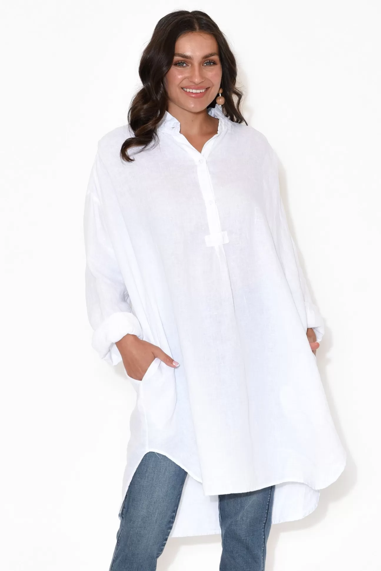 Montaigne Oakland White Linen Button Tunic Cheap