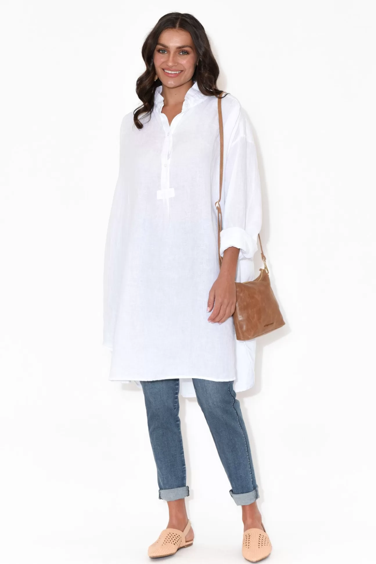 Montaigne Oakland White Linen Button Tunic Cheap