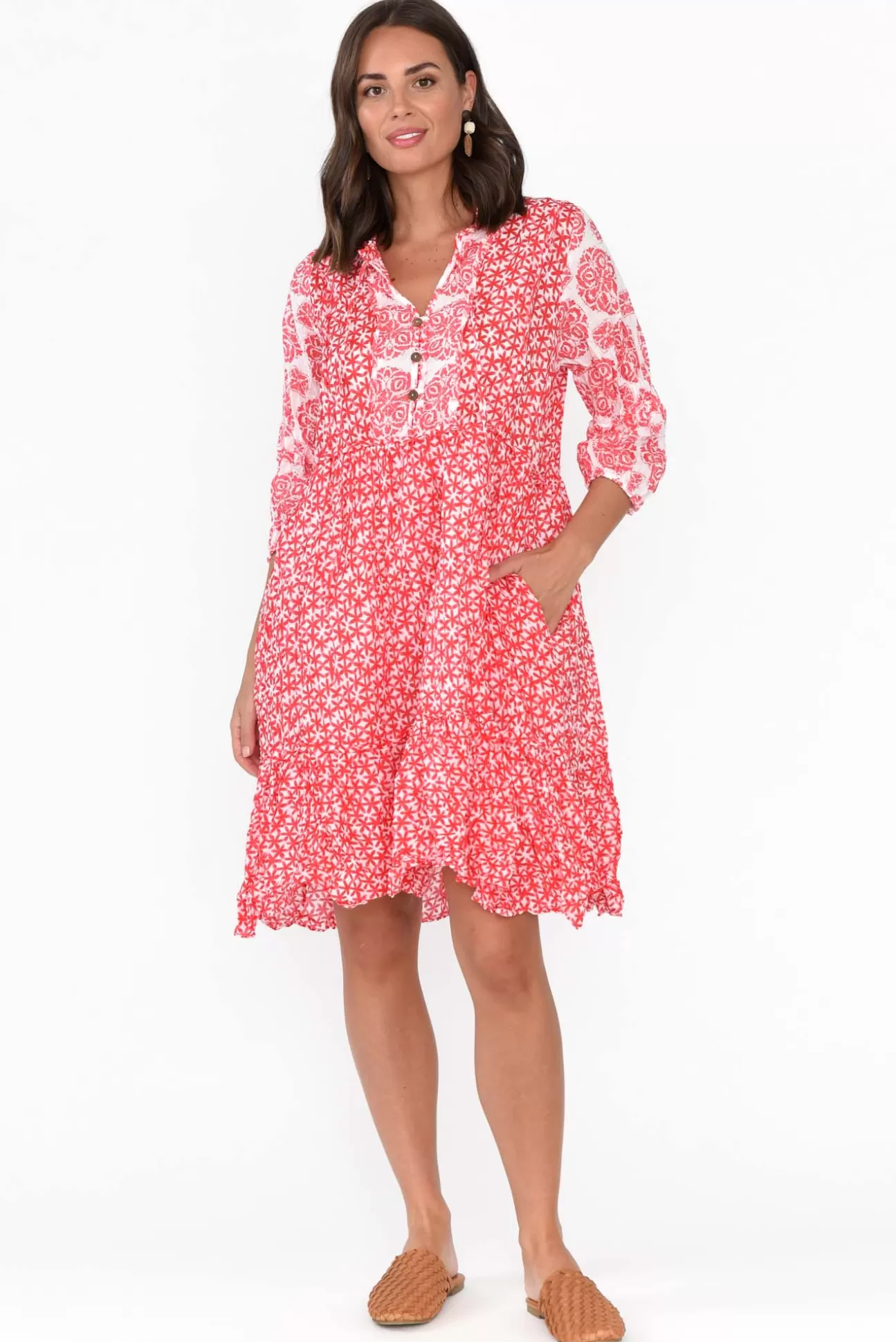 Namastai Oakwood Red Flower Cotton Puff Sleeve Dress Fashion