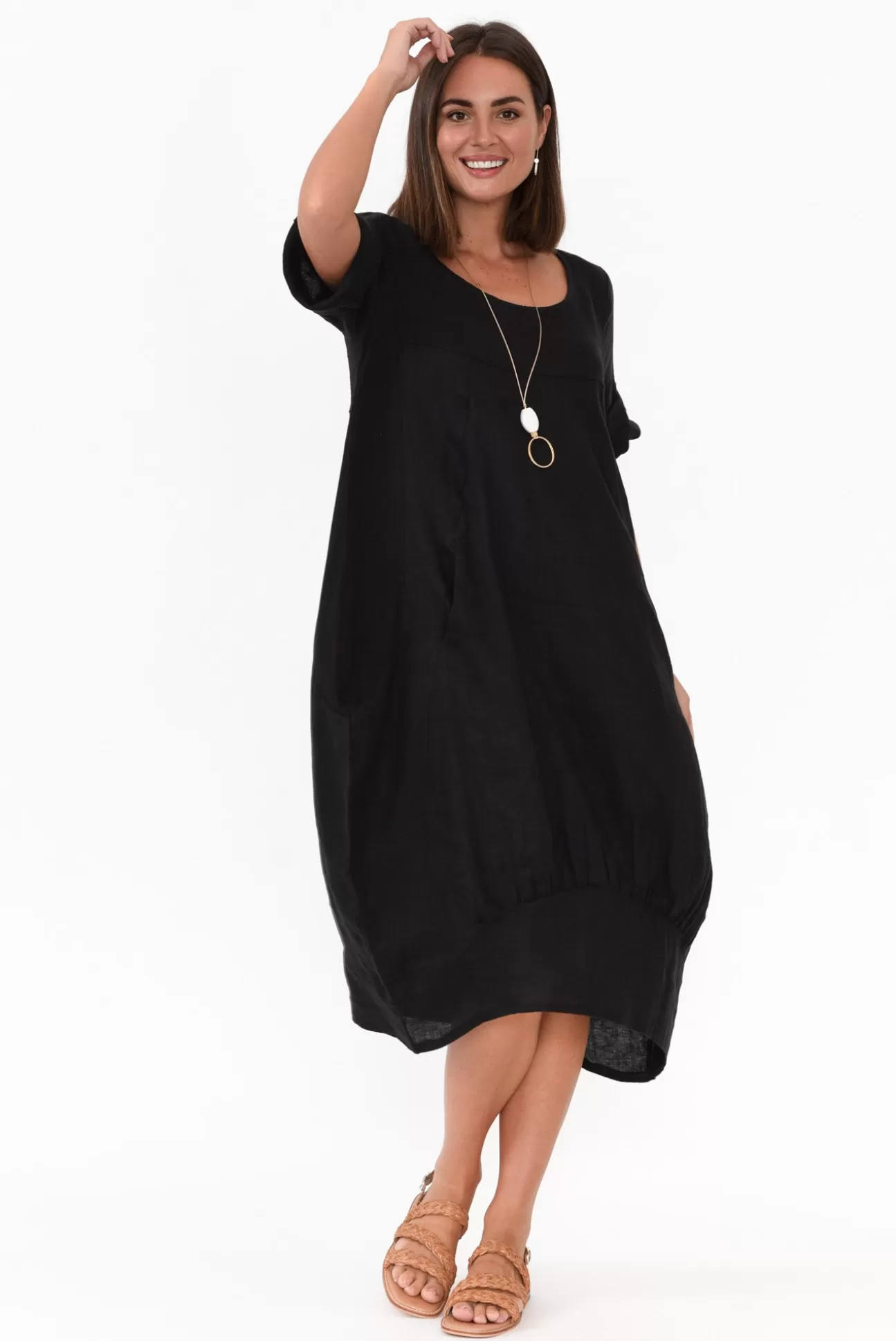 Cali and Co Oriana Black Sleeved Linen Dress Shop