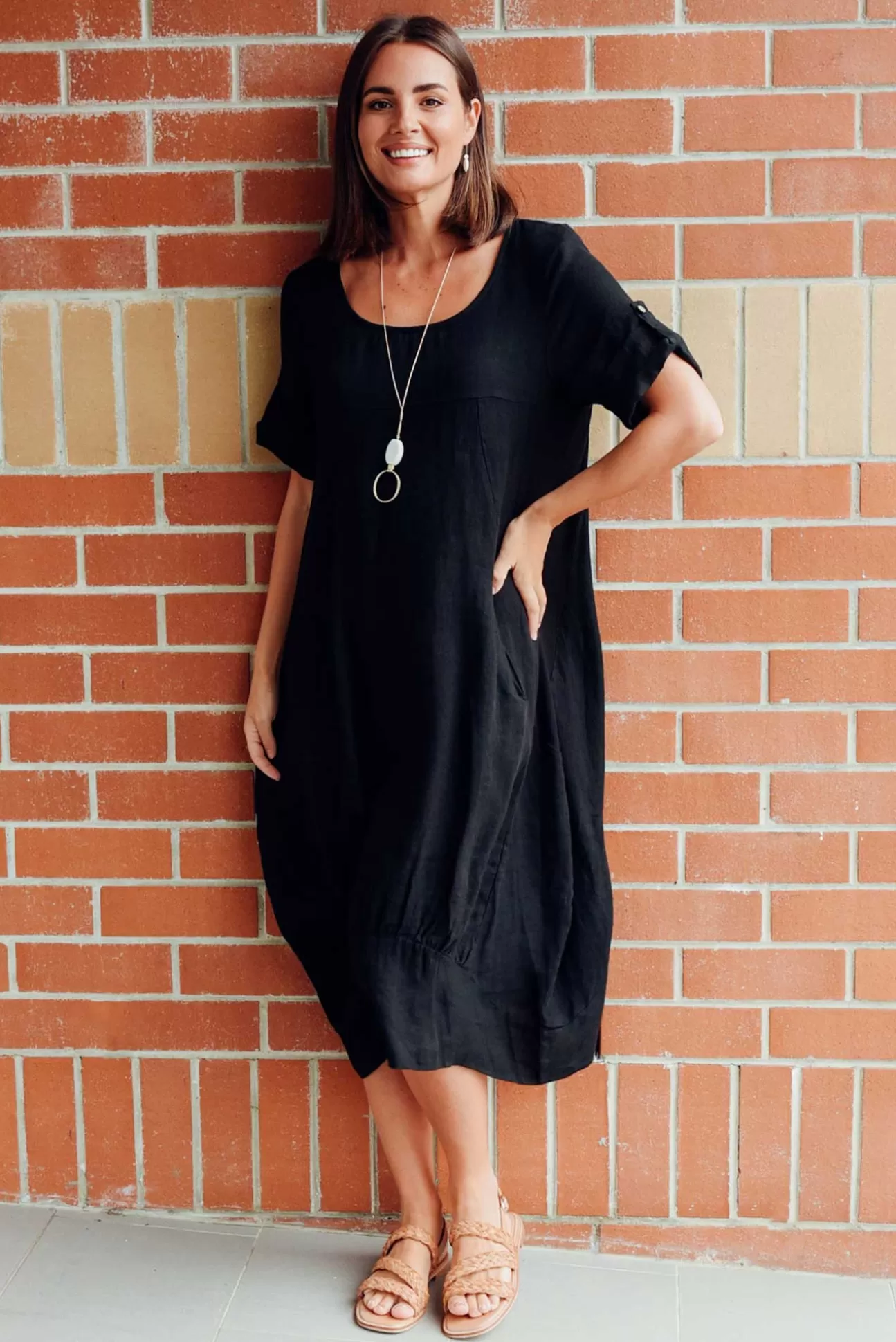 Cali and Co Oriana Black Sleeved Linen Dress Shop