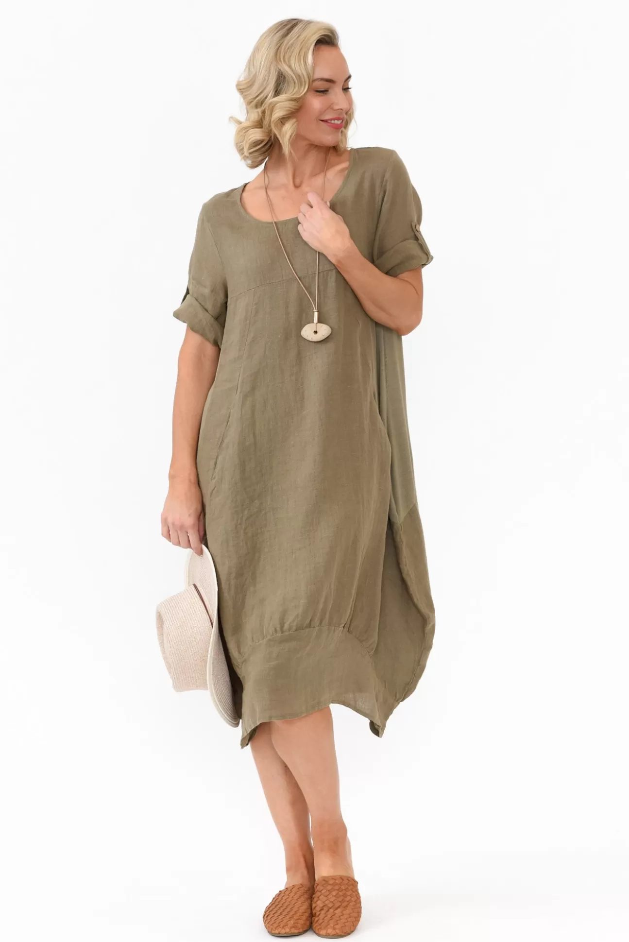 Cali and Co Oriana Khaki Sleeved Linen Dress Outlet