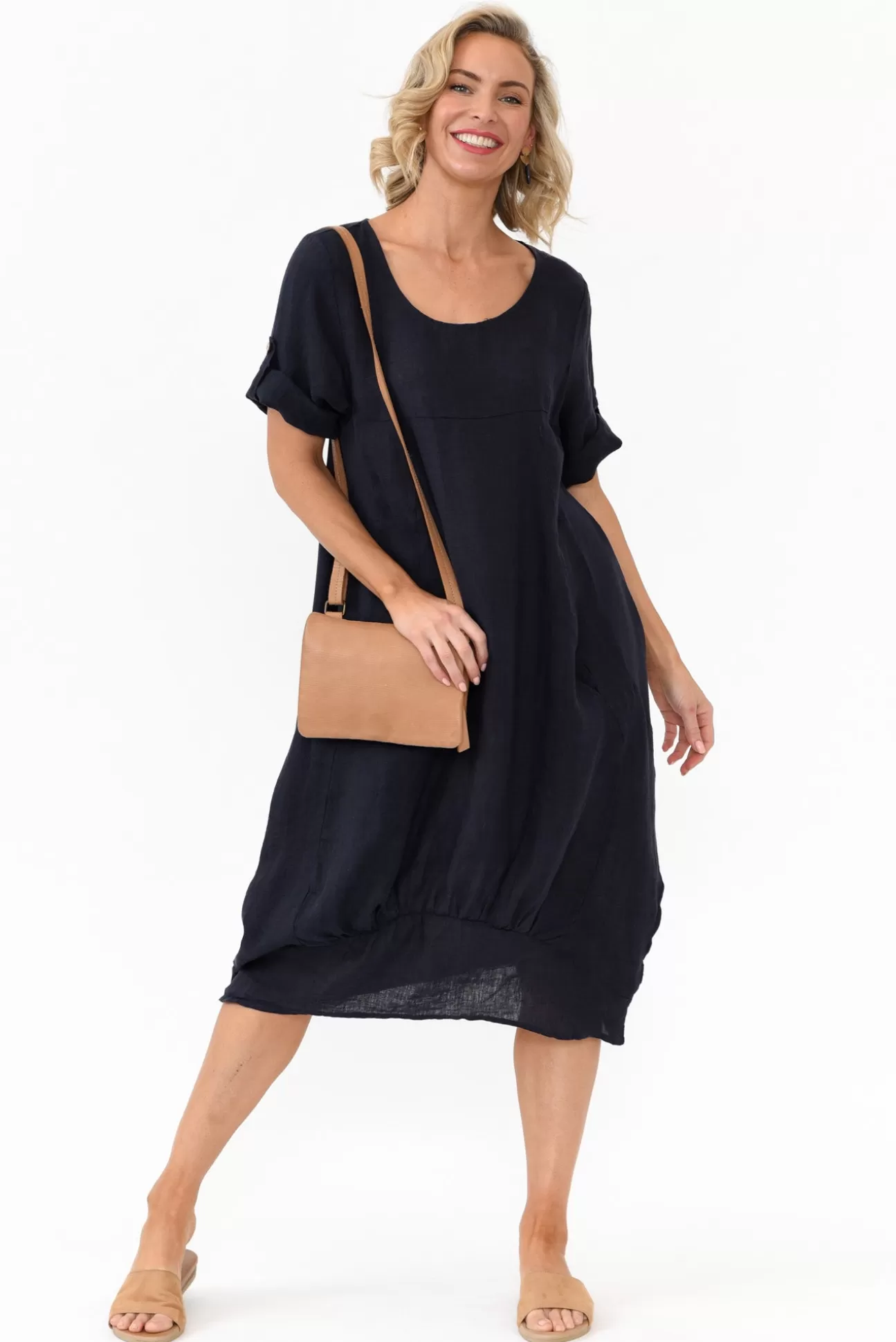 Cali and Co Oriana Navy Sleeved Linen Dress Discount