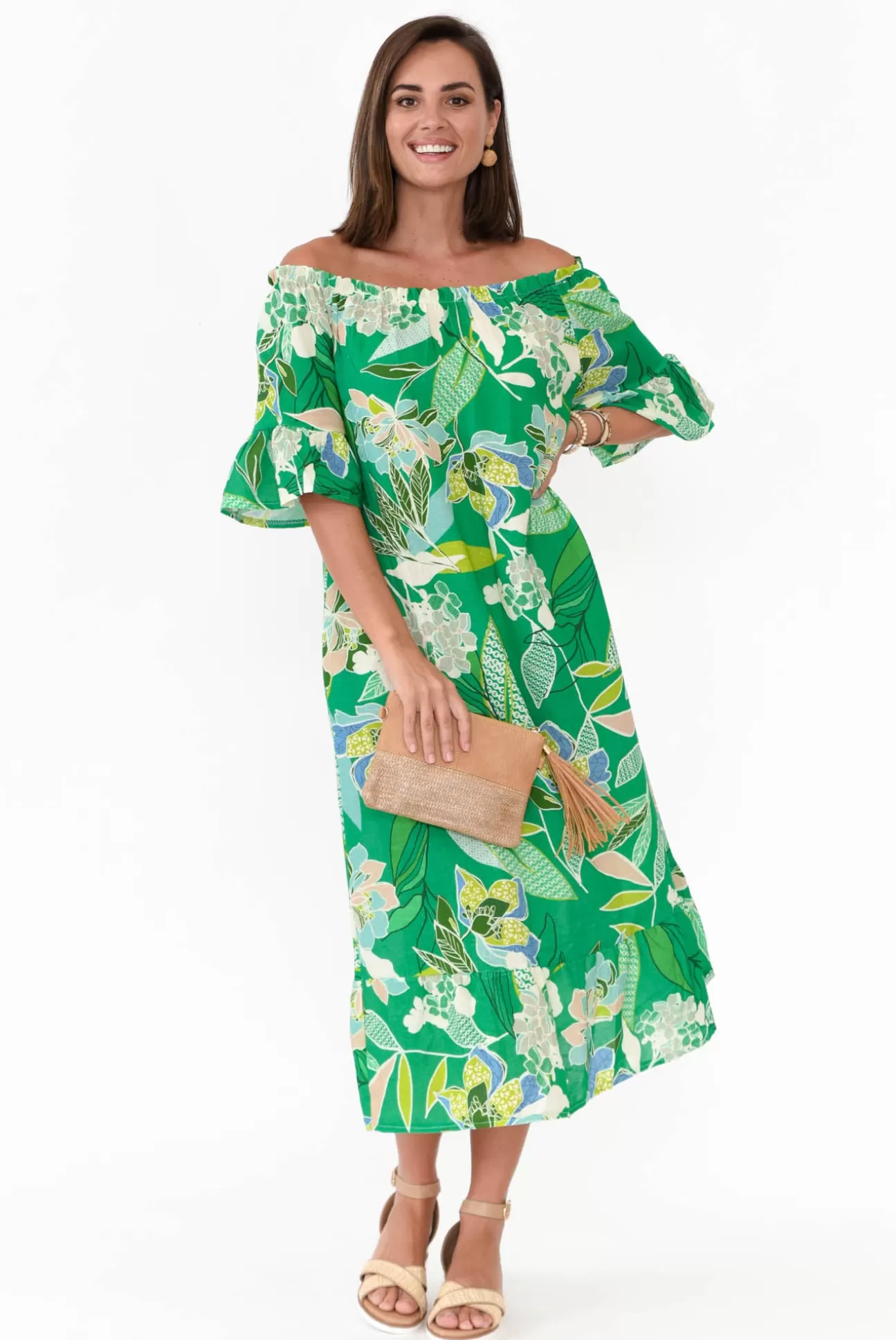 Rosa Jojo Ornella Green Tropical Linen Cotton Dress Shop