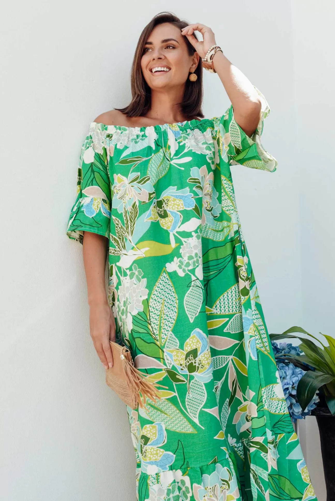 Rosa Jojo Ornella Green Tropical Linen Cotton Dress Shop