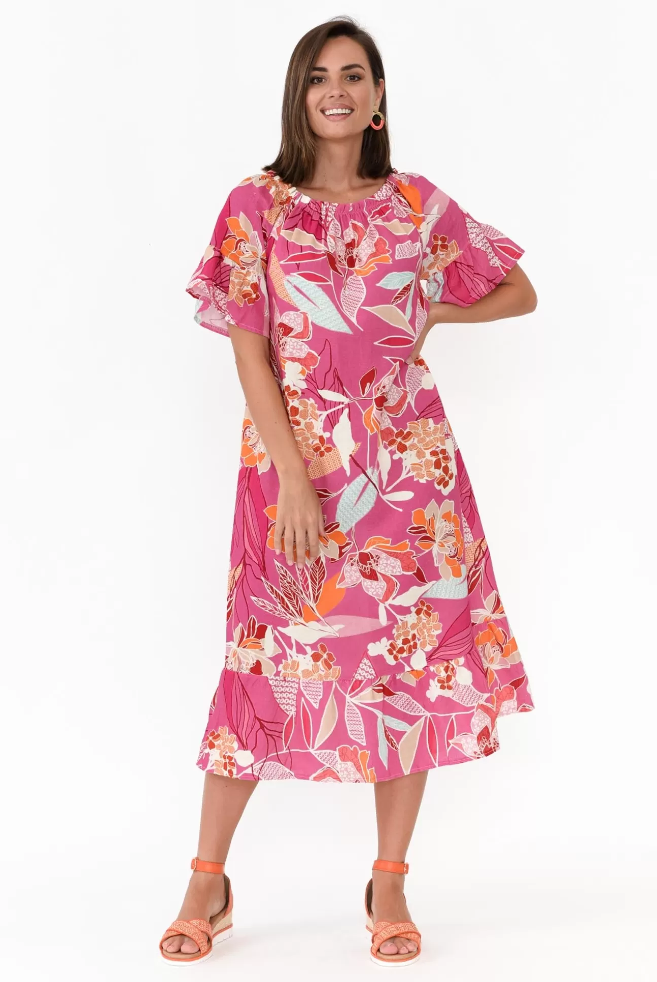 Rosa Jojo Ornella Pink Tropical Linen Cotton Dress Fashion