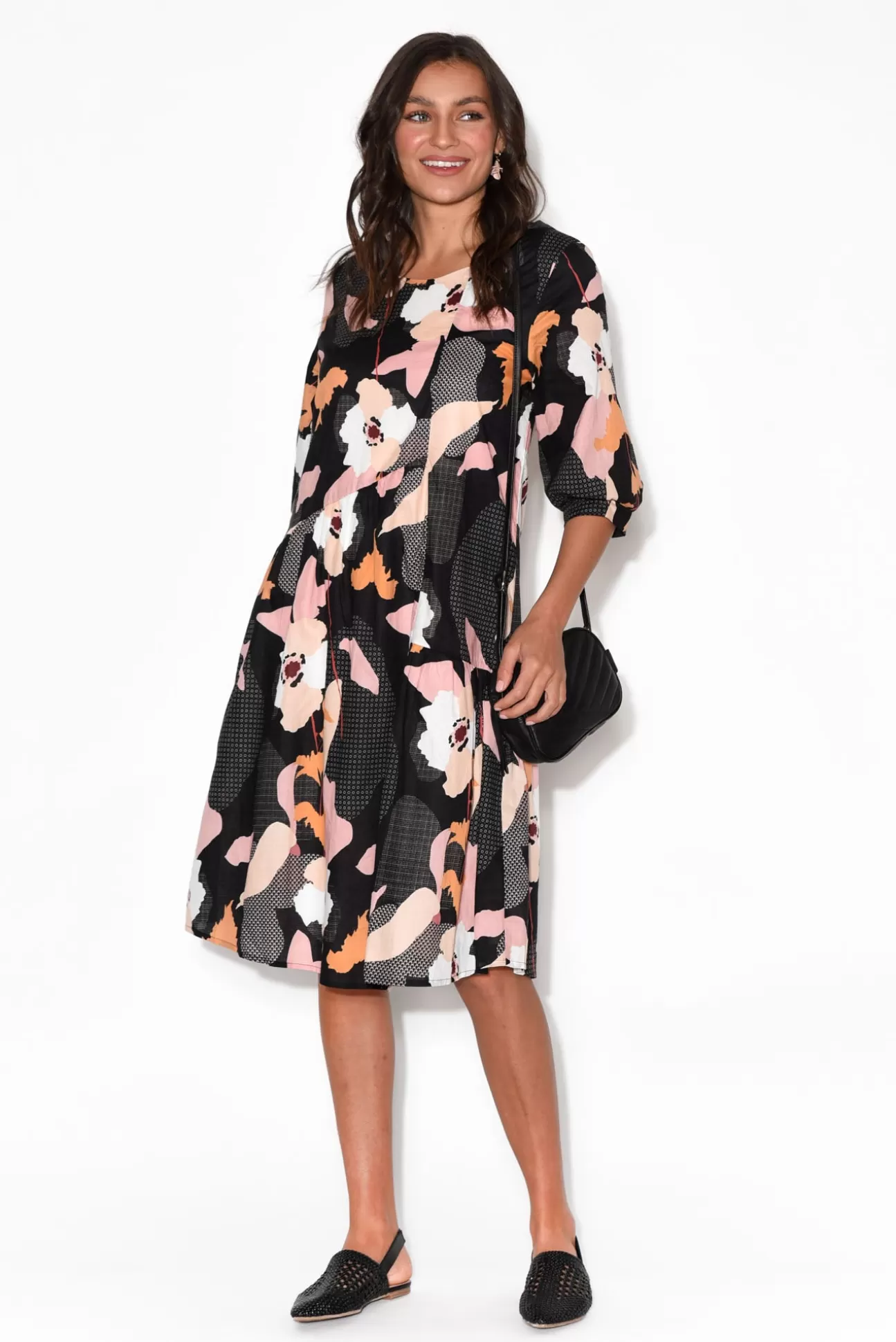 Clarity Otis Black Floral Cotton Dress New