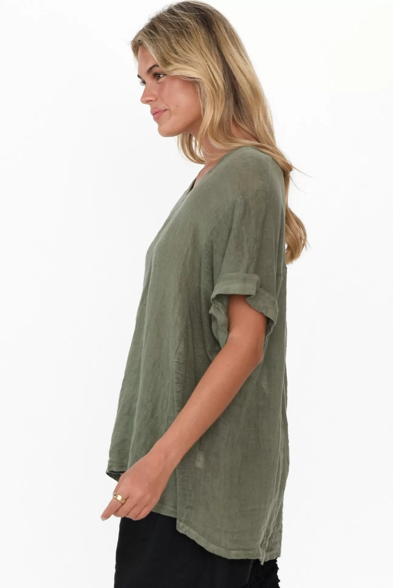 Talia Benson Oversized Anna Khaki Linen Tee Sale