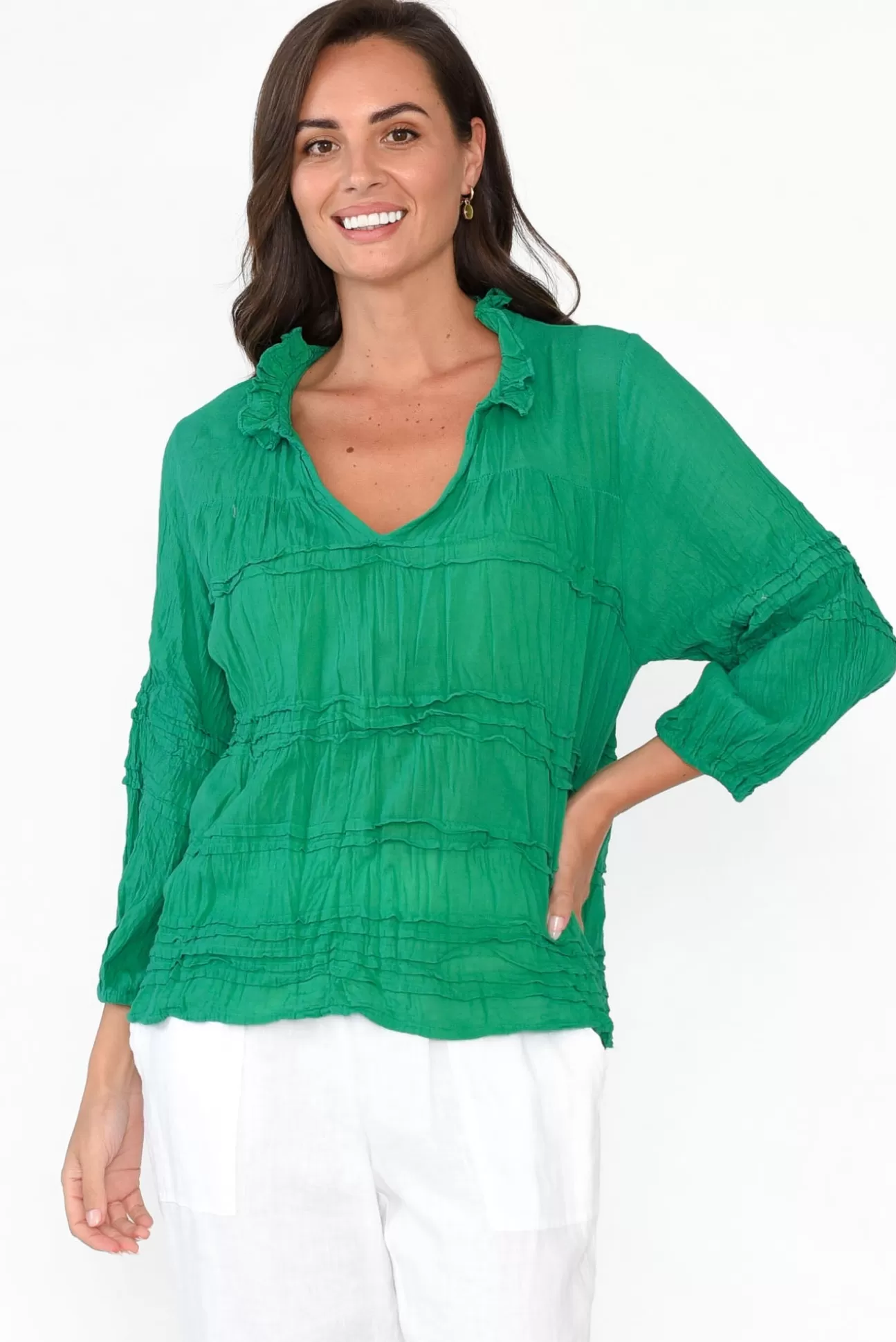 Namastai Palmer Green Cotton Long Sleeve Top New