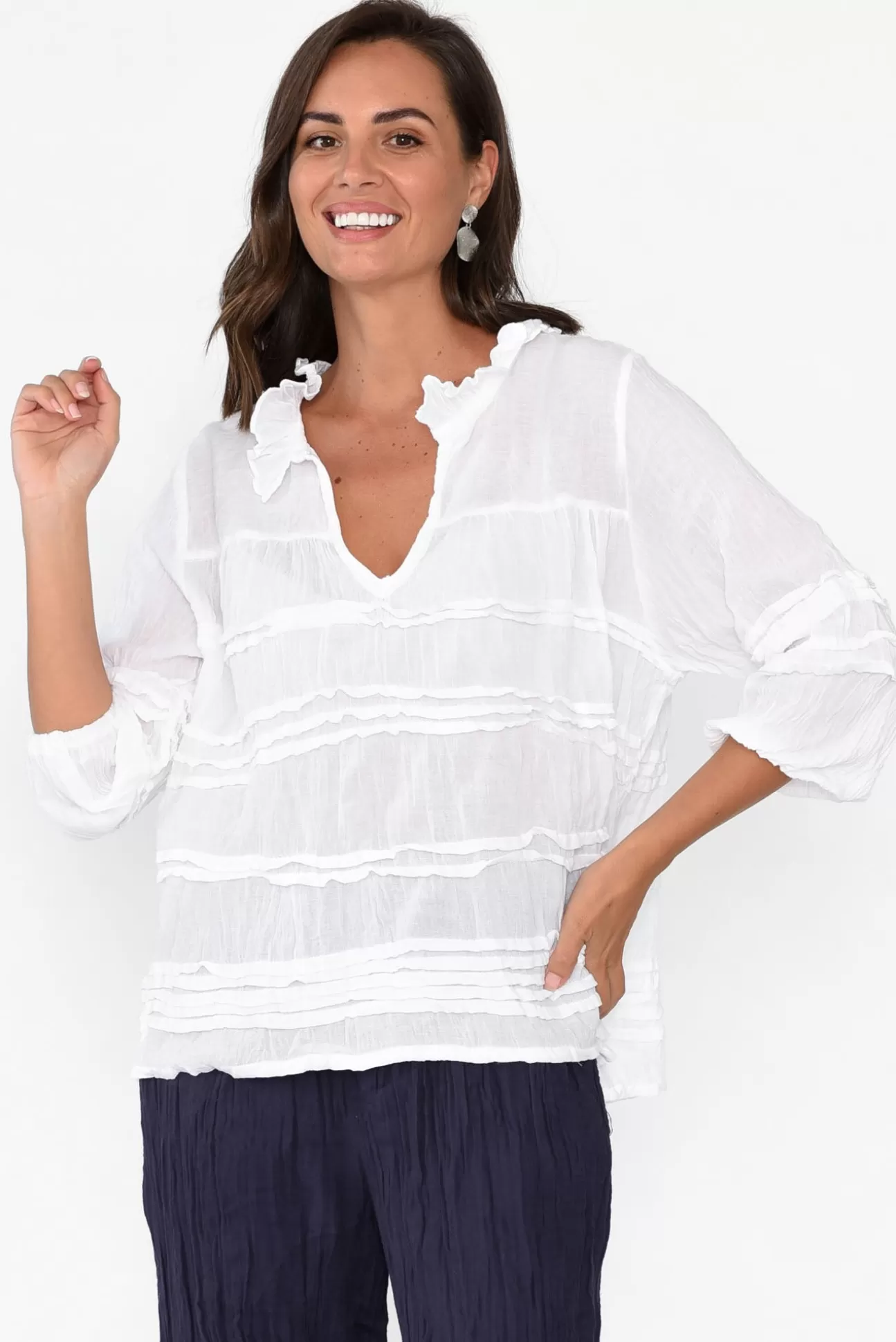 Namastai Palmer White Cotton Long Sleeve Top Outlet