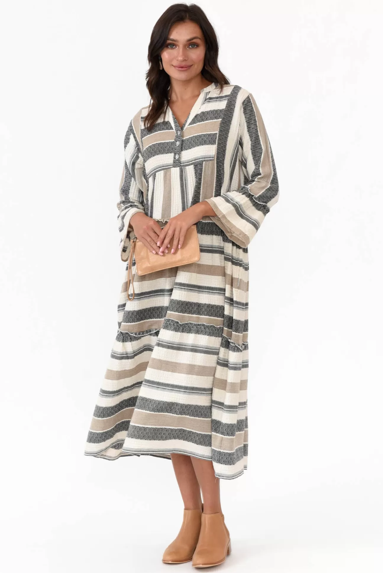 Joop u0026 Gypsy Paloma Natural Stripe Cotton Midi Dress Cheap