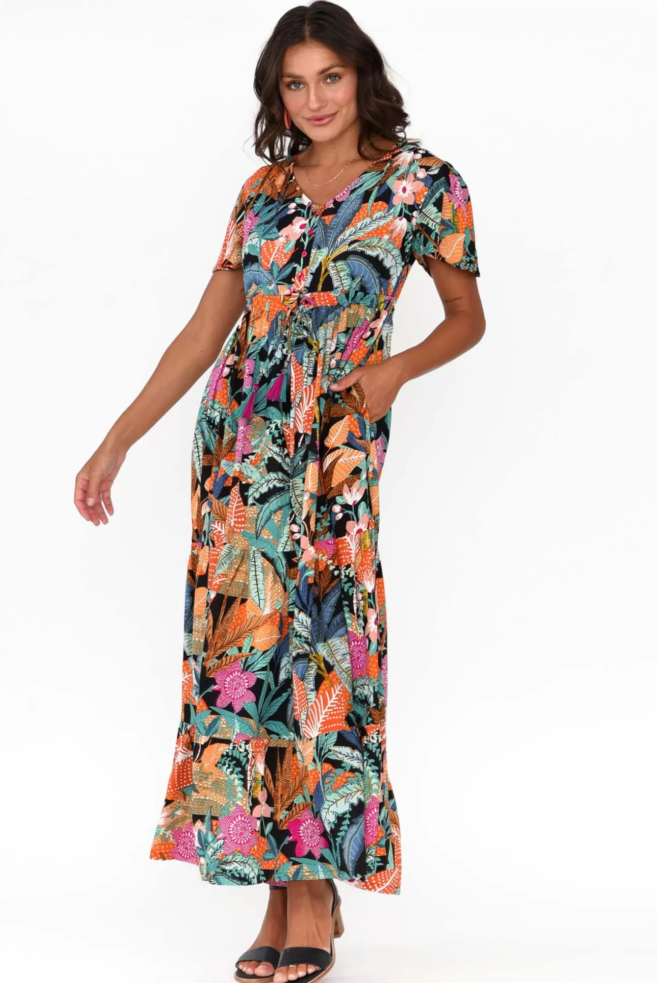 Orientique Paphos Black Tropical Tiered Maxi Dress Hot