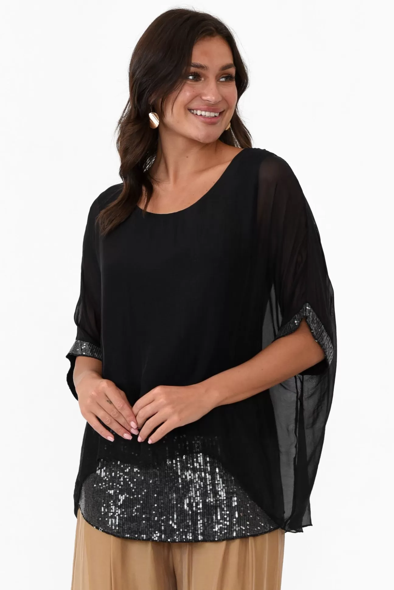 La Strada Parker Black Silk Sequin Top Hot