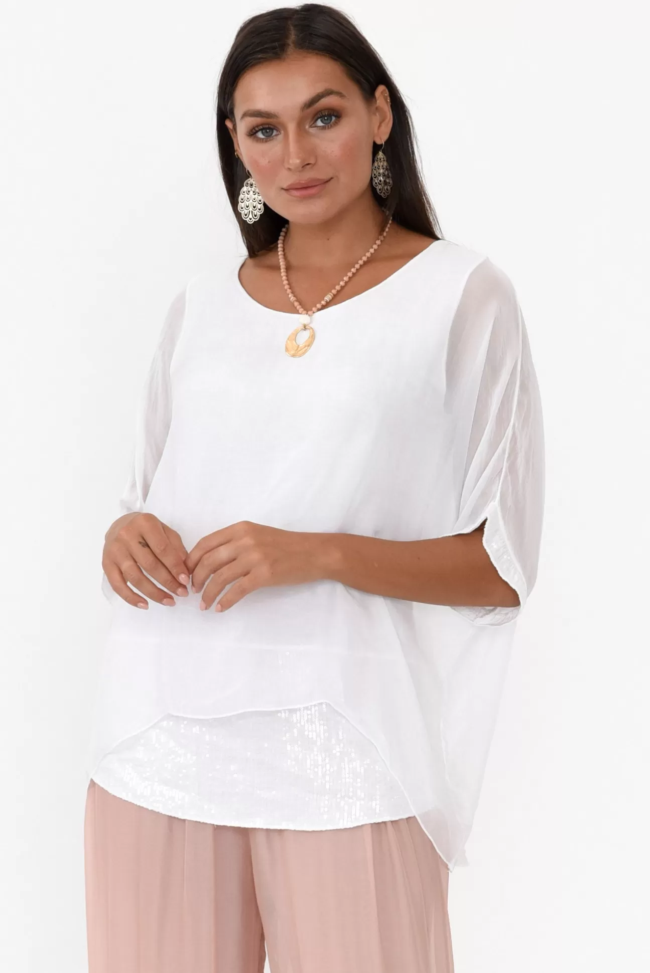 La Strada Parker White Silk Sequin Top Store