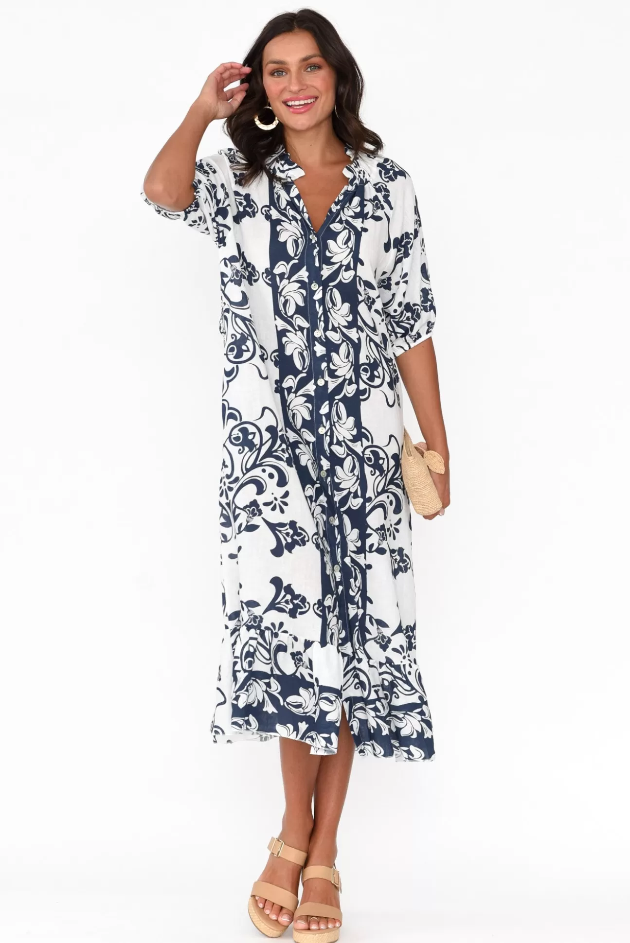 La Strada Pascale Navy Floral Linen Cotton Dress Best Sale