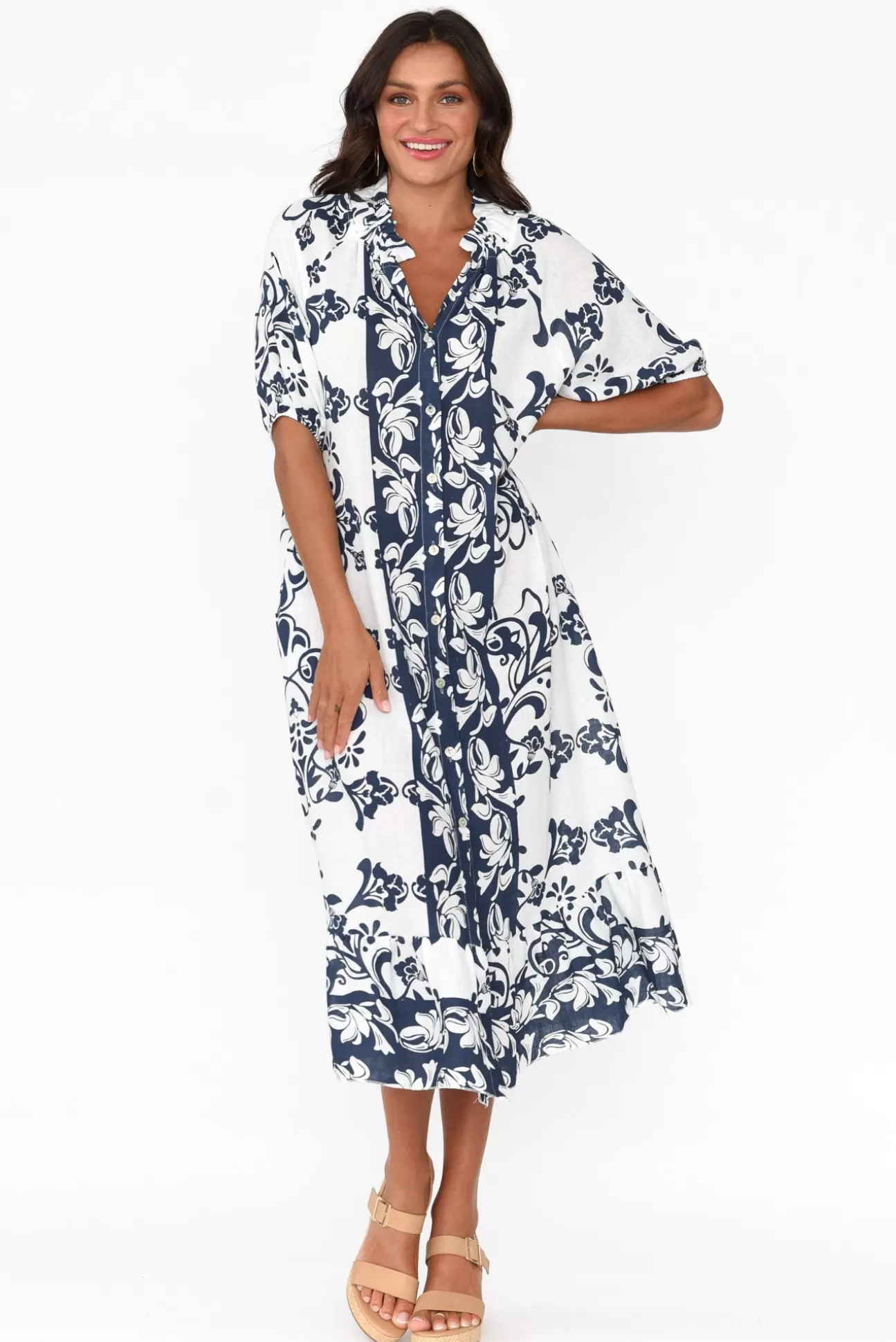 La Strada Pascale Navy Floral Linen Cotton Dress Best Sale