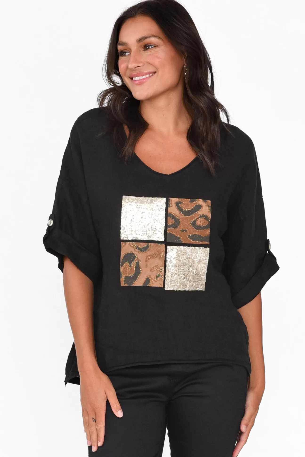 La Strada Pavla Black Leopard Linen V Neck Top Outlet