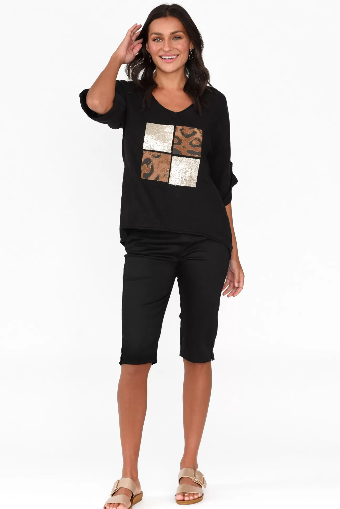 La Strada Pavla Black Leopard Linen V Neck Top Outlet