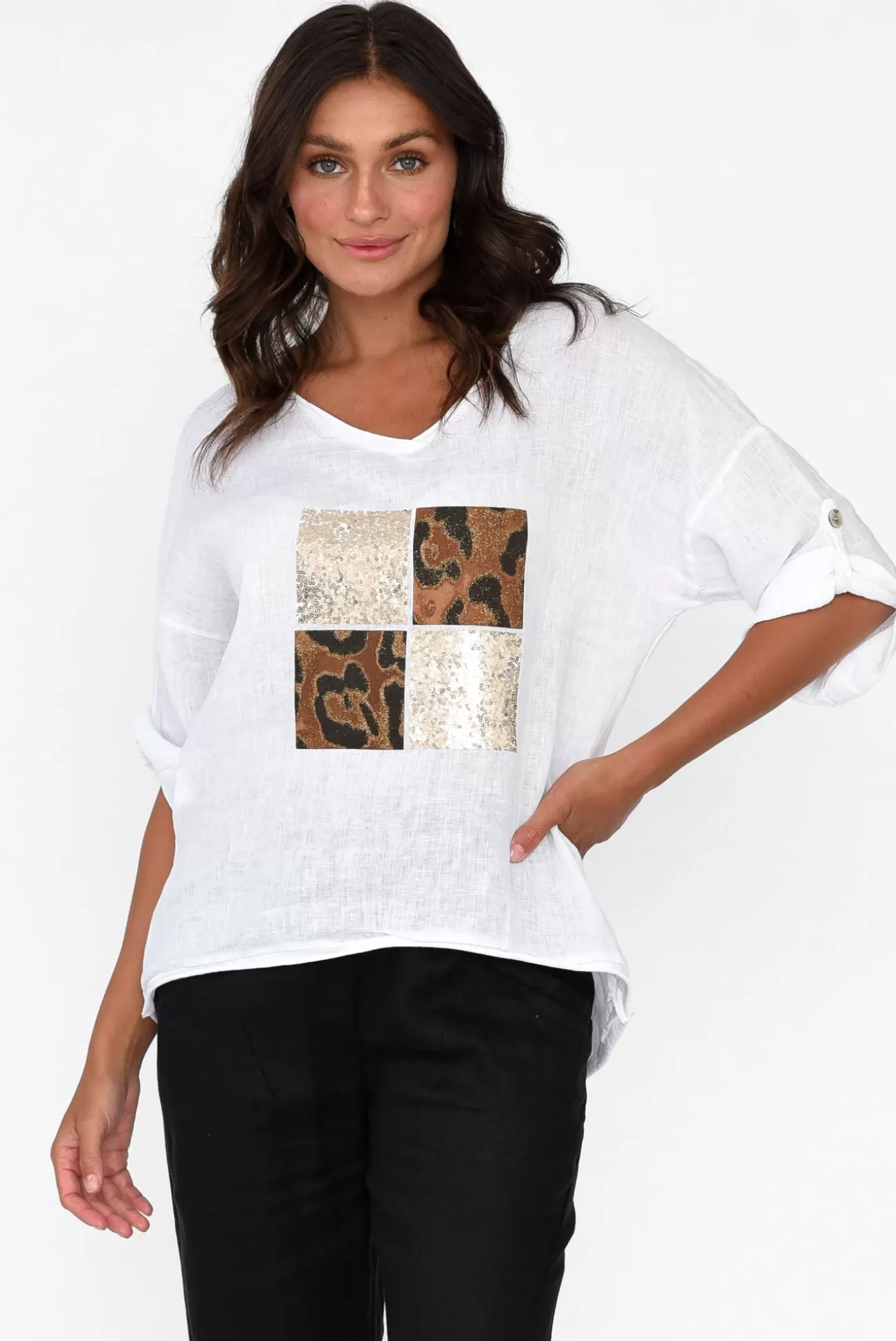 La Strada Pavla White Leopard Linen V Neck Top Hot