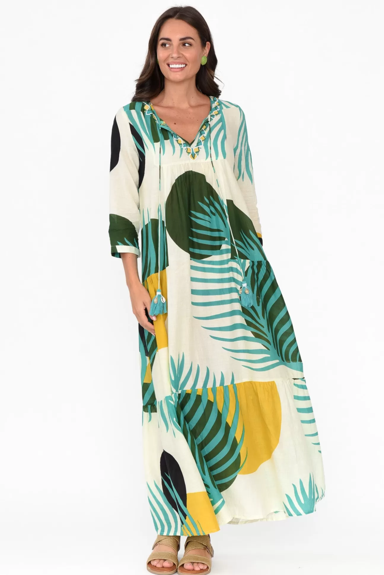 Cinnamon Paz Green Tropical Cotton Dress Discount