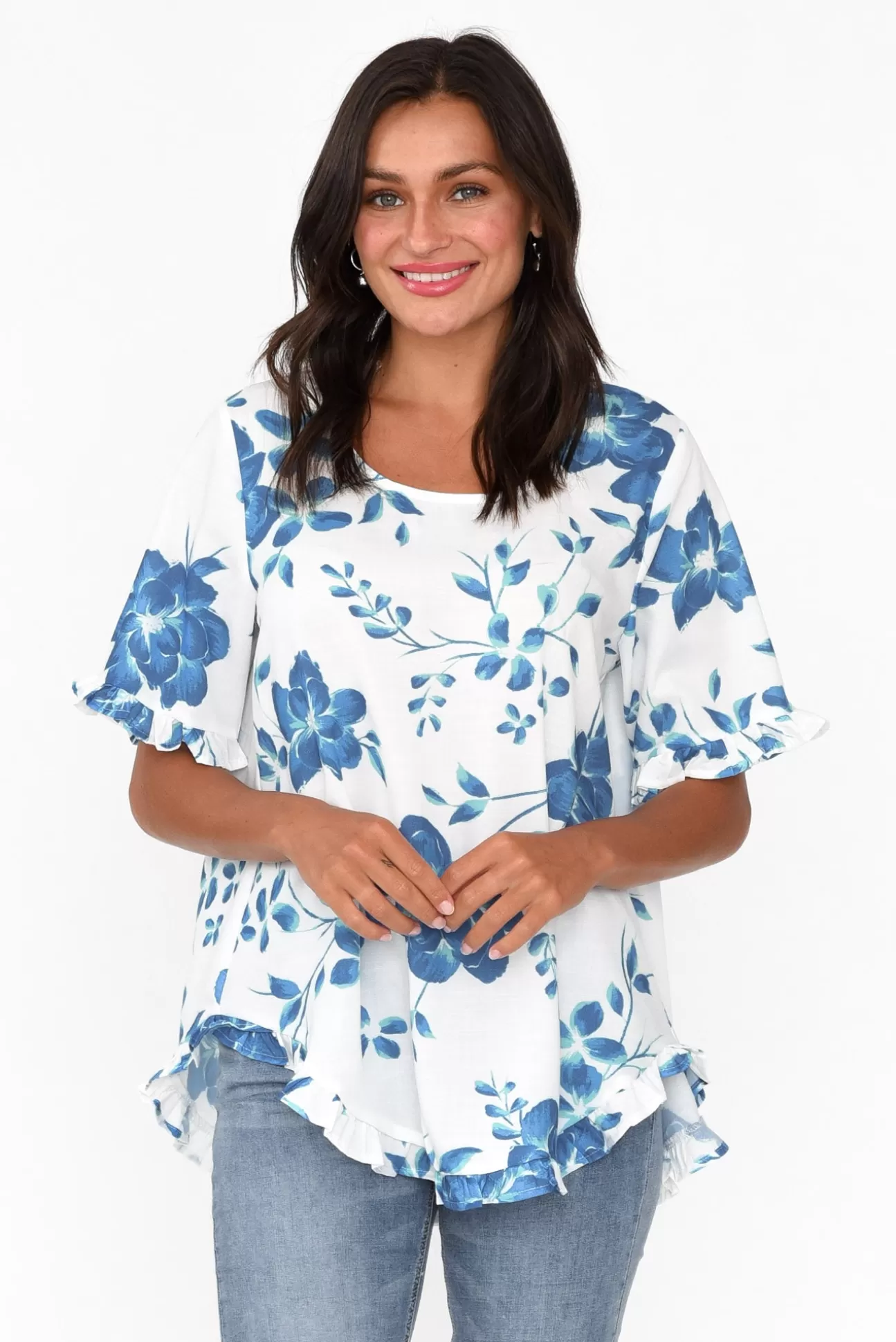 Willow Tree Perrin Blue Floral Ruffle Top Flash Sale