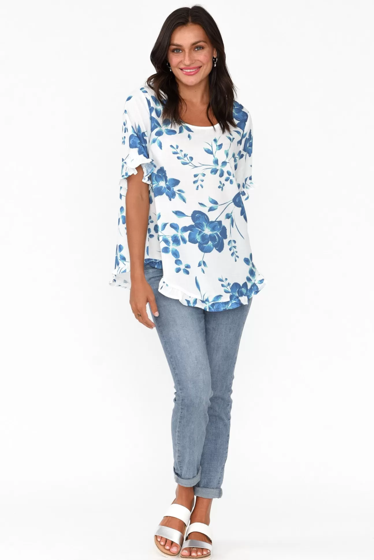 Willow Tree Perrin Blue Floral Ruffle Top Flash Sale