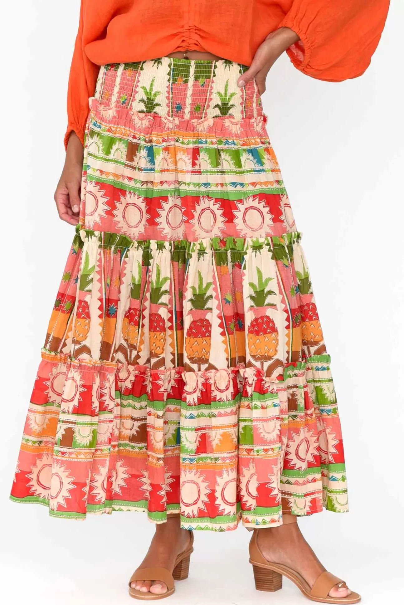 Holiday Pier Tropical Cotton Tiered Maxi Skirt Cheap