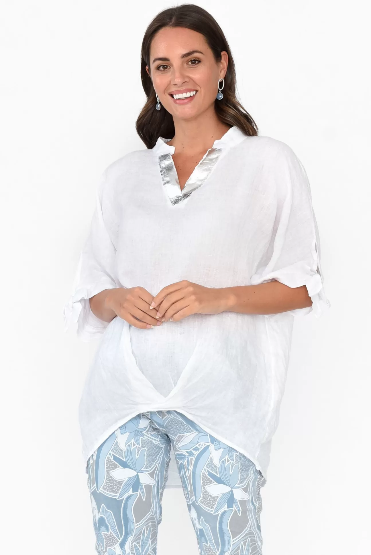 La Strada Pierce White Foil Linen V Neck Top Hot