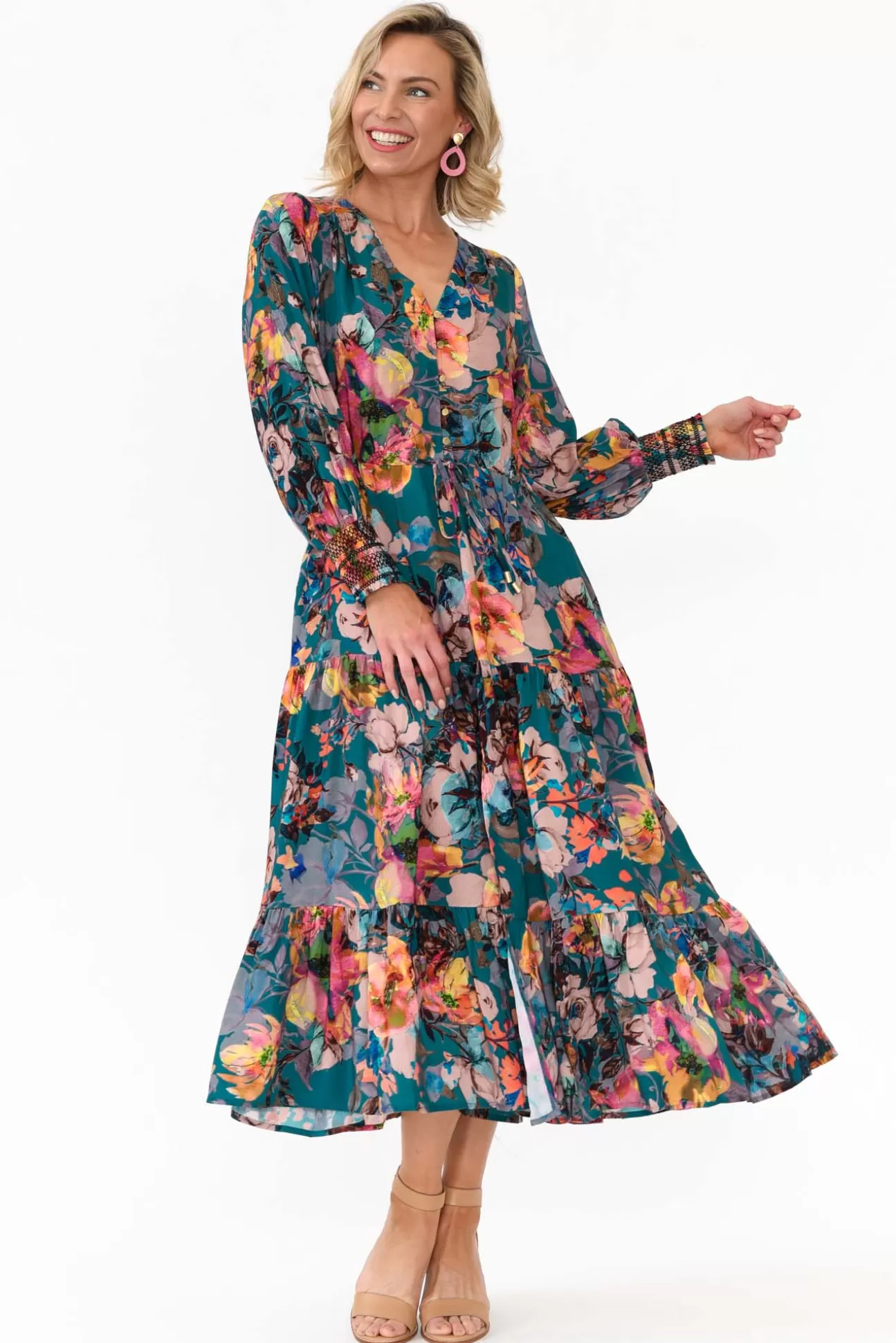 Fate Becker Pure Shores Teal Floral Midi Dress Hot