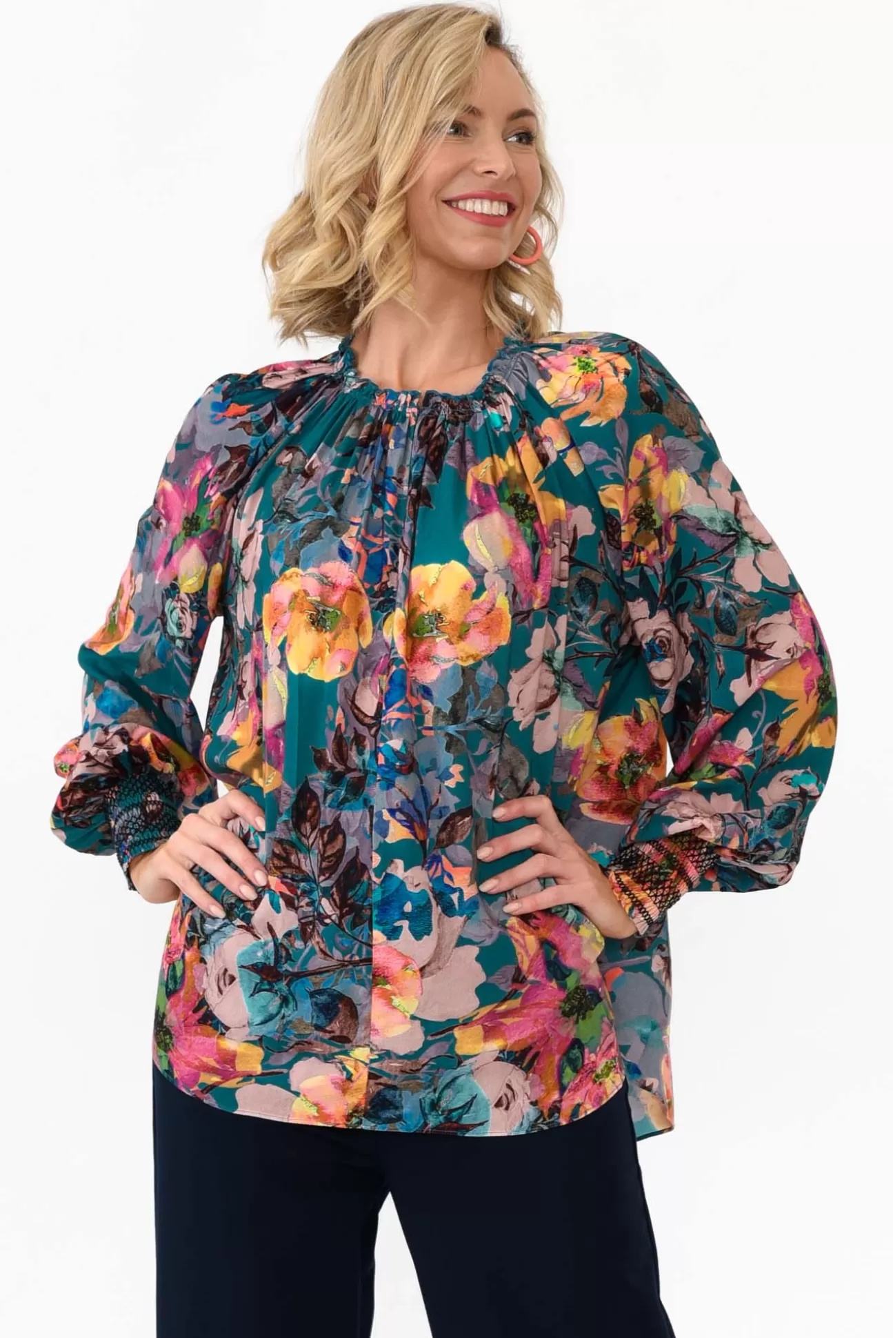 Fate Becker Pure Shores Teal Floral Sleeved Blouse Cheap