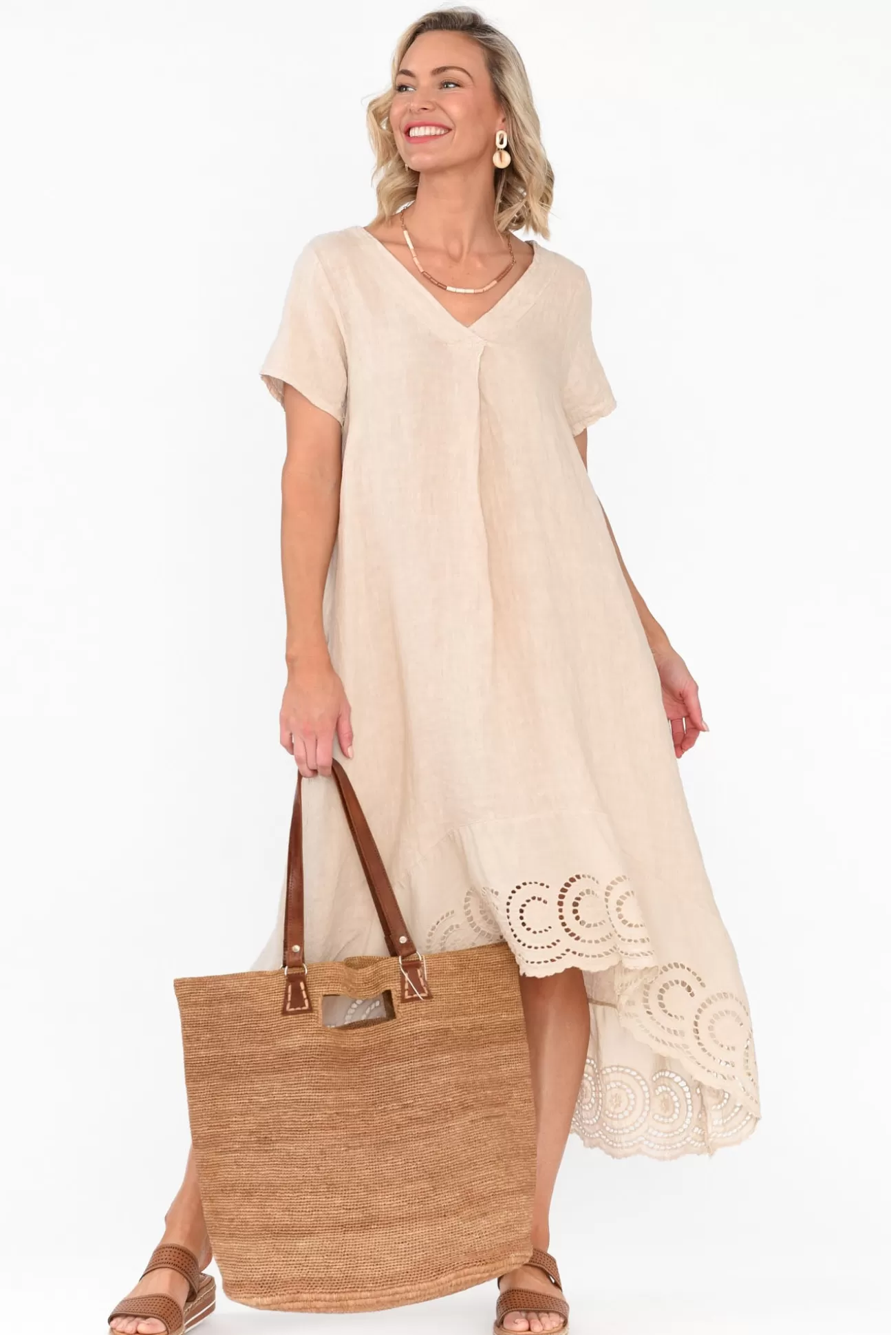 Fabuler Ravella Beige Linen V Neck Dress Best