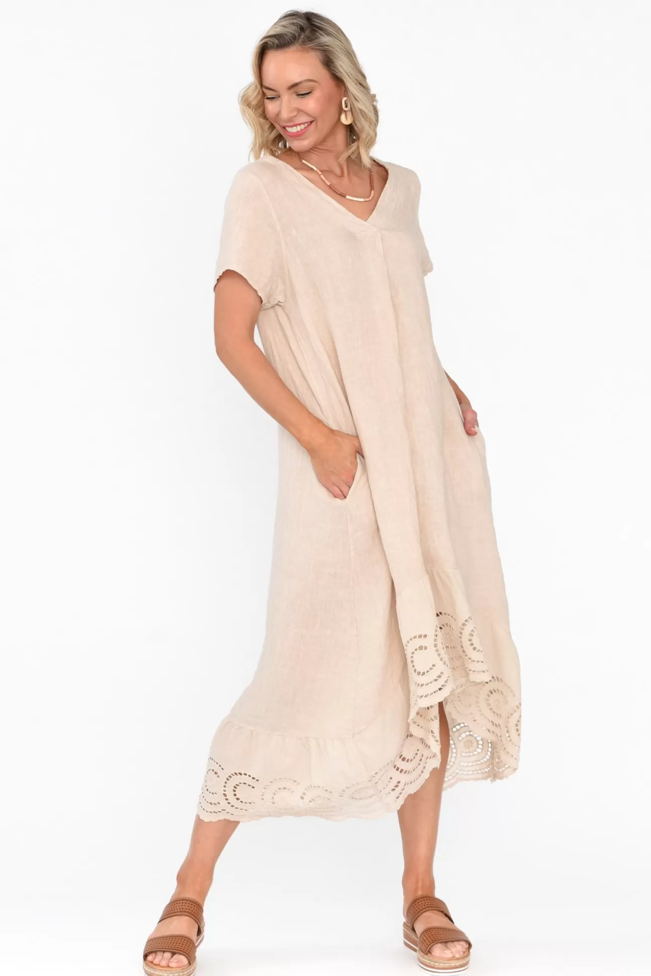 Fabuler Ravella Beige Linen V Neck Dress Best