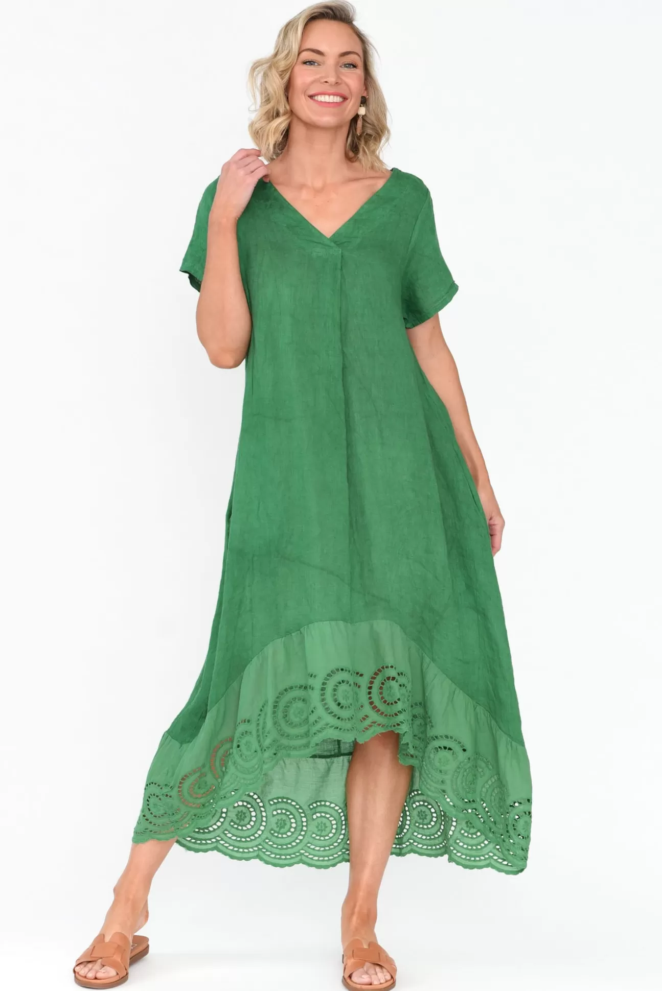 Fabuler Ravella Green Linen V Neck Dress Discount