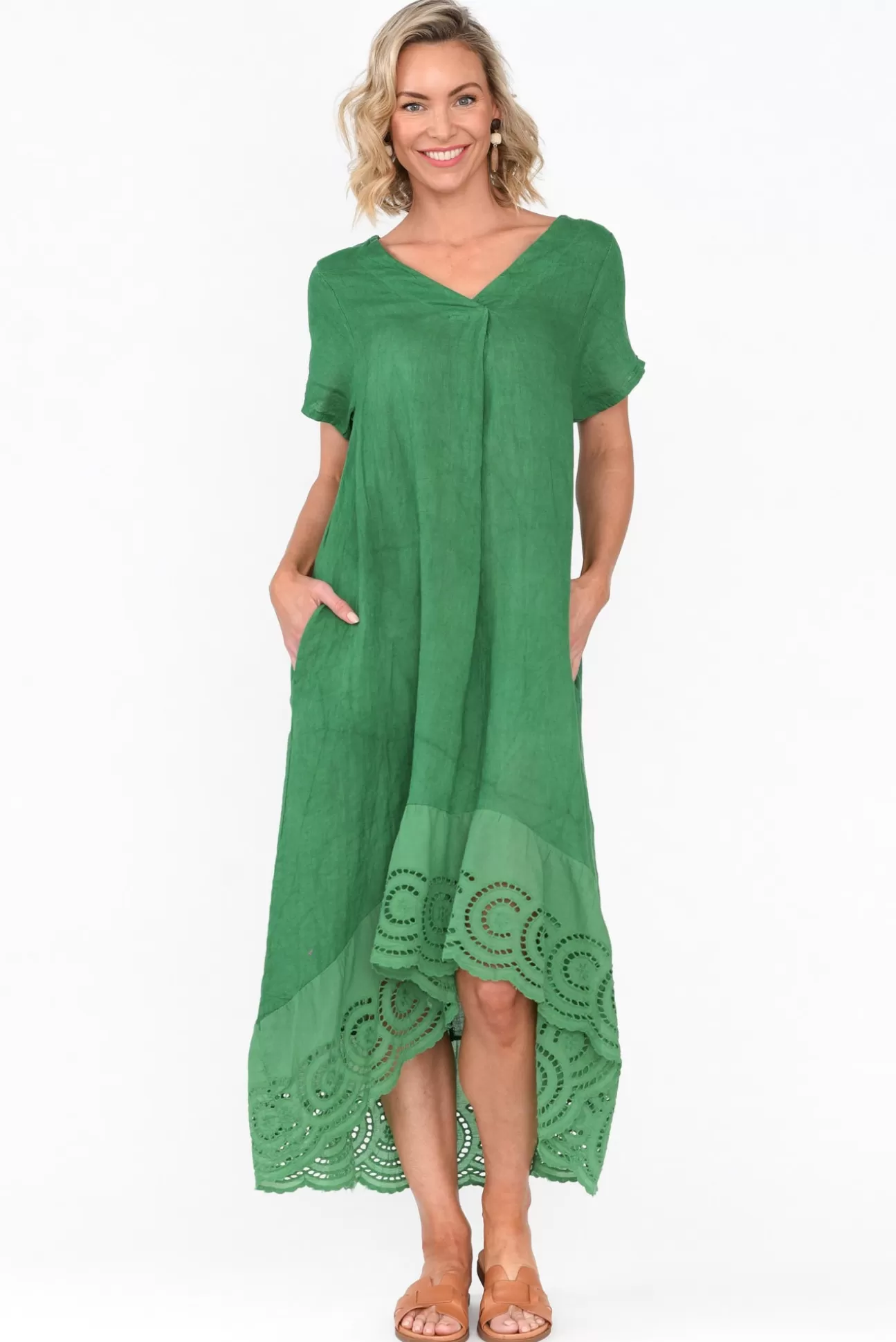 Fabuler Ravella Green Linen V Neck Dress Discount