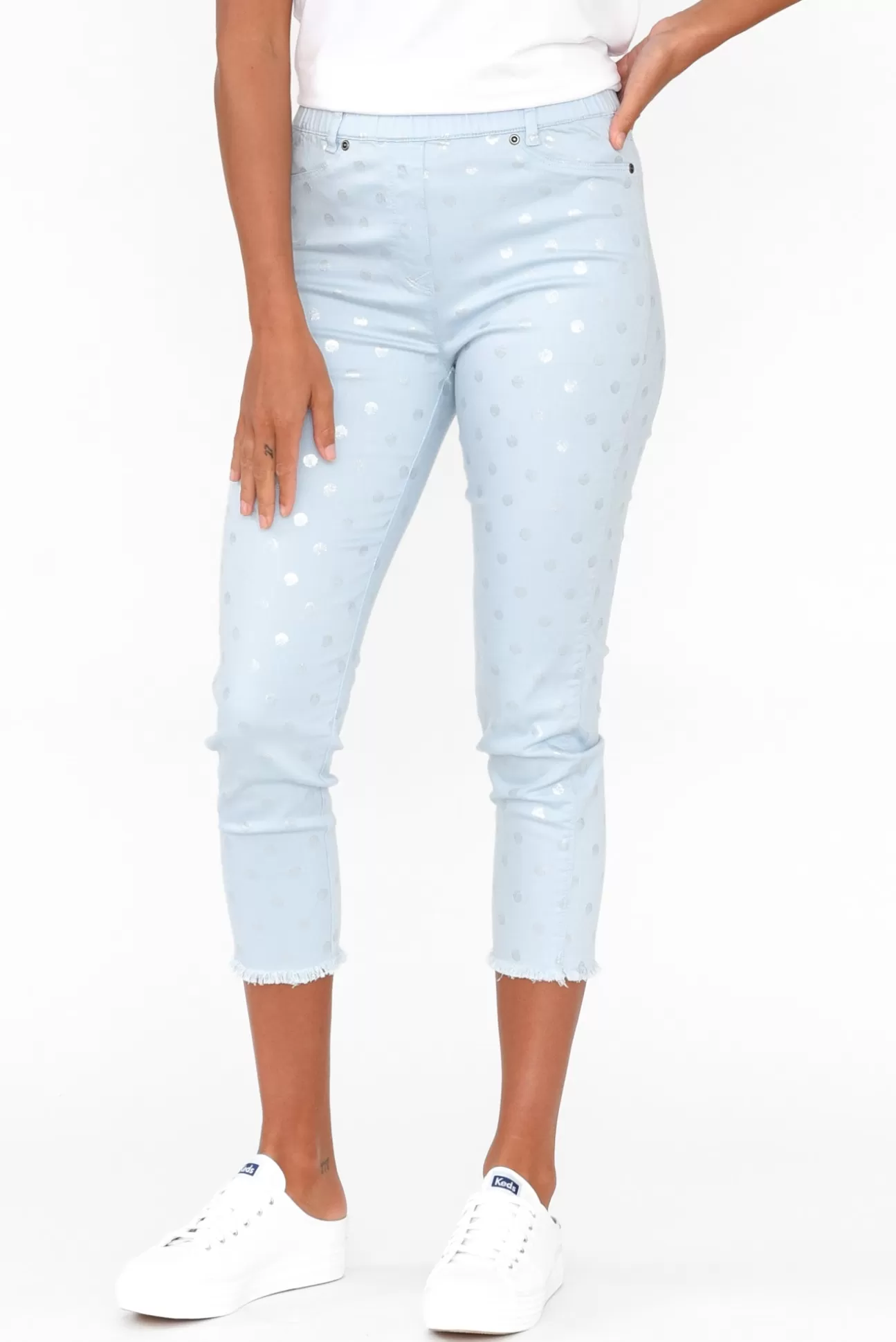 Cafe Latte Reed Blue Foil Spot Cotton Capri Pant Sale