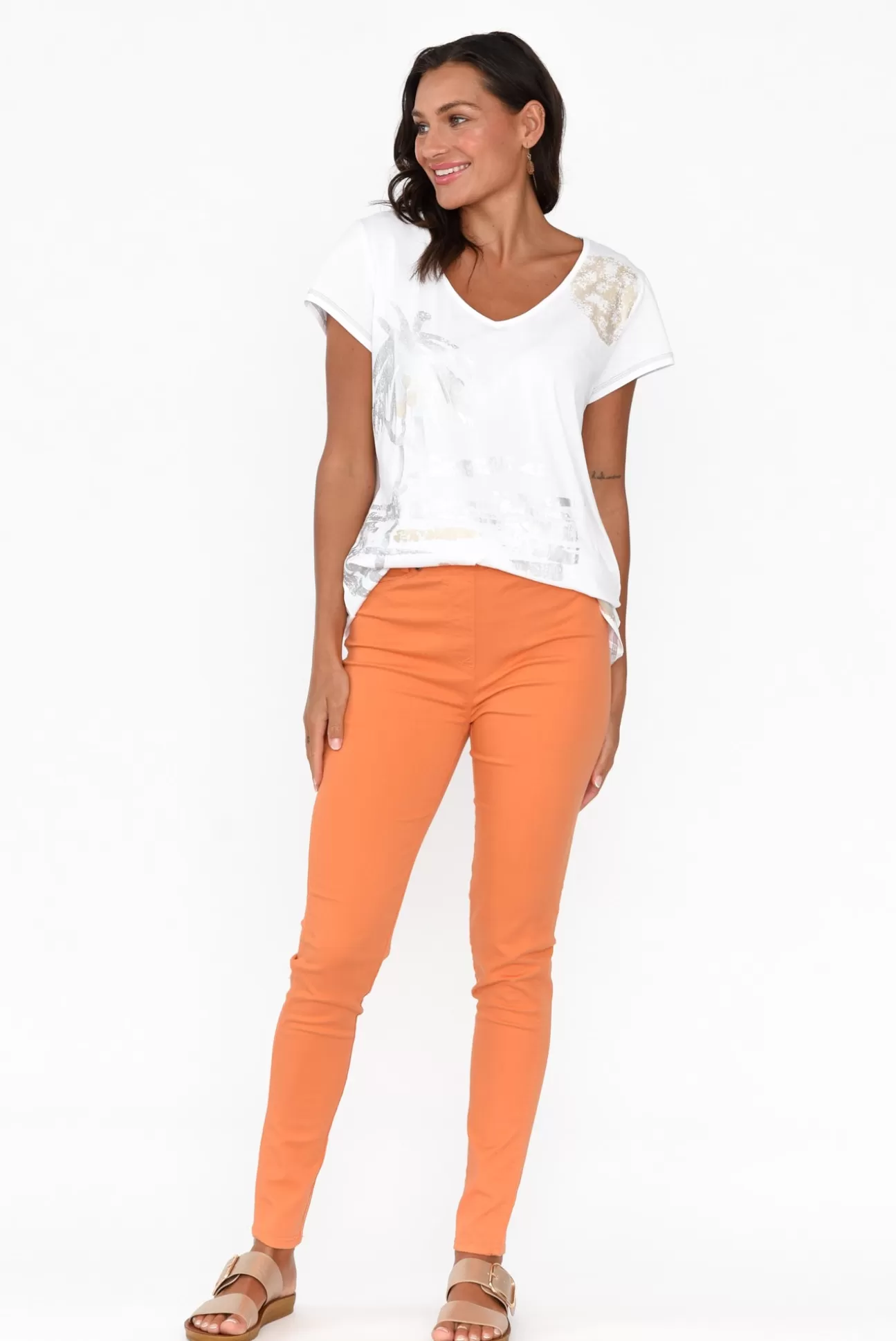 Cafe Latte Reed Orange Stretch Cotton Pant Fashion