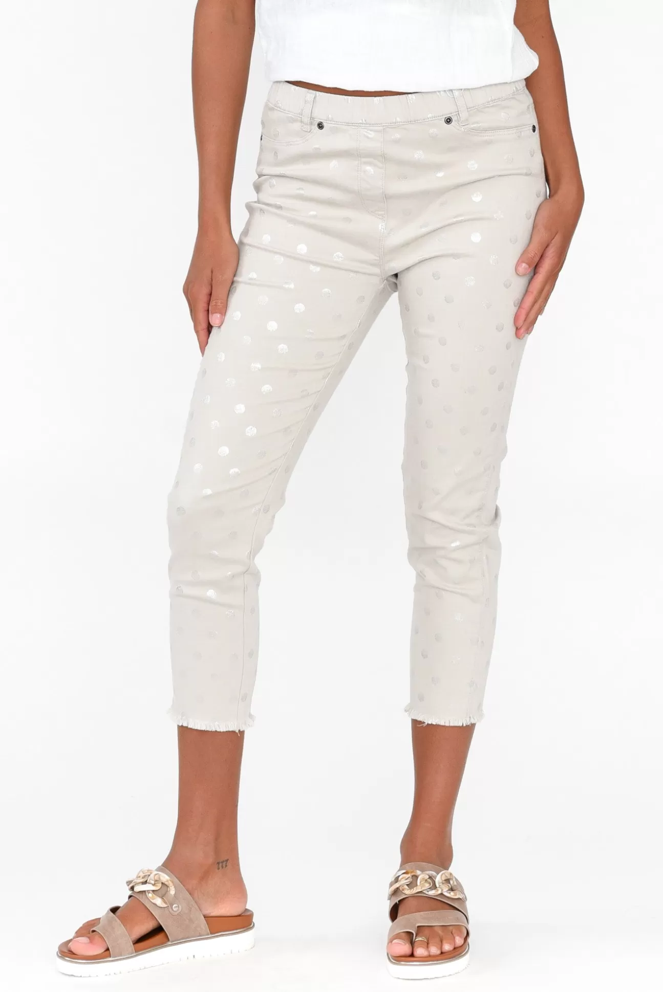 Cafe Latte Reed Taupe Foil Spot Cotton Capri Pant Outlet