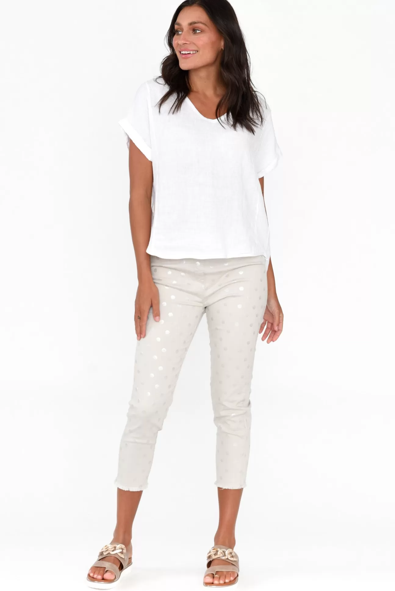 Cafe Latte Reed Taupe Foil Spot Cotton Capri Pant Outlet