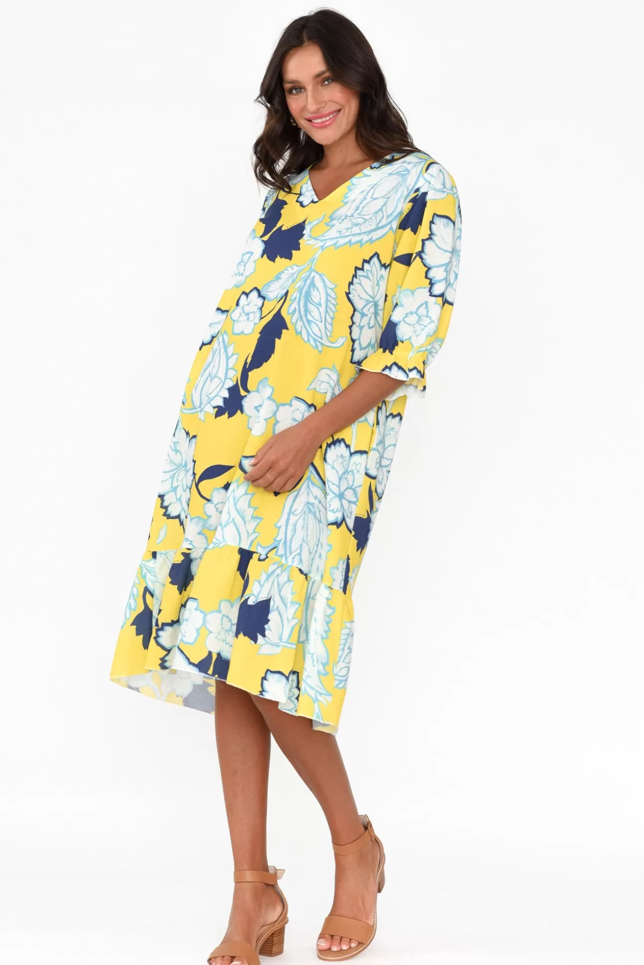 La Strada Reiko Yellow Floral Linen Blend Dress Shop